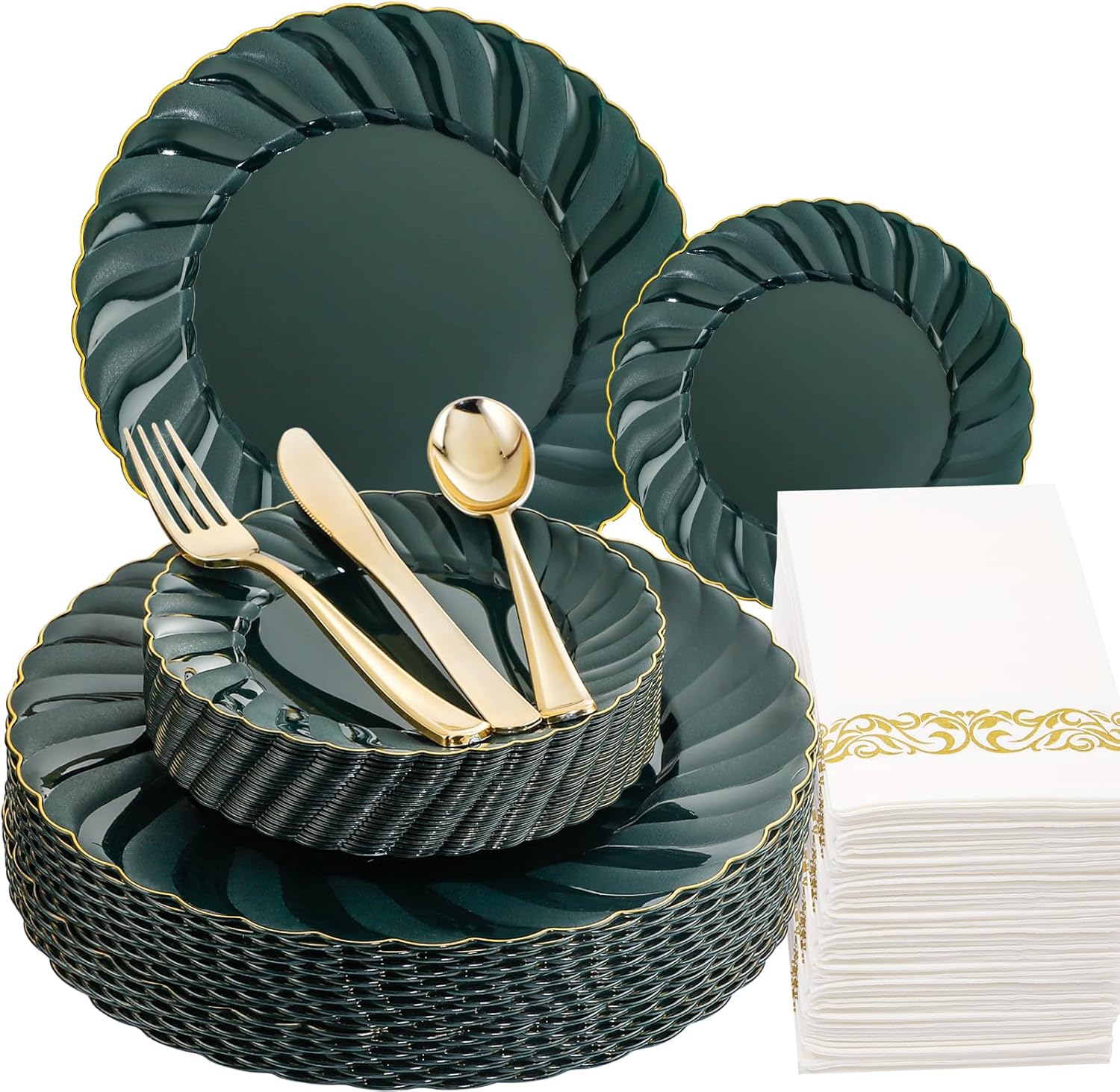 YOUBET 150PCS Green Plastic Plates with Gold Rim Green