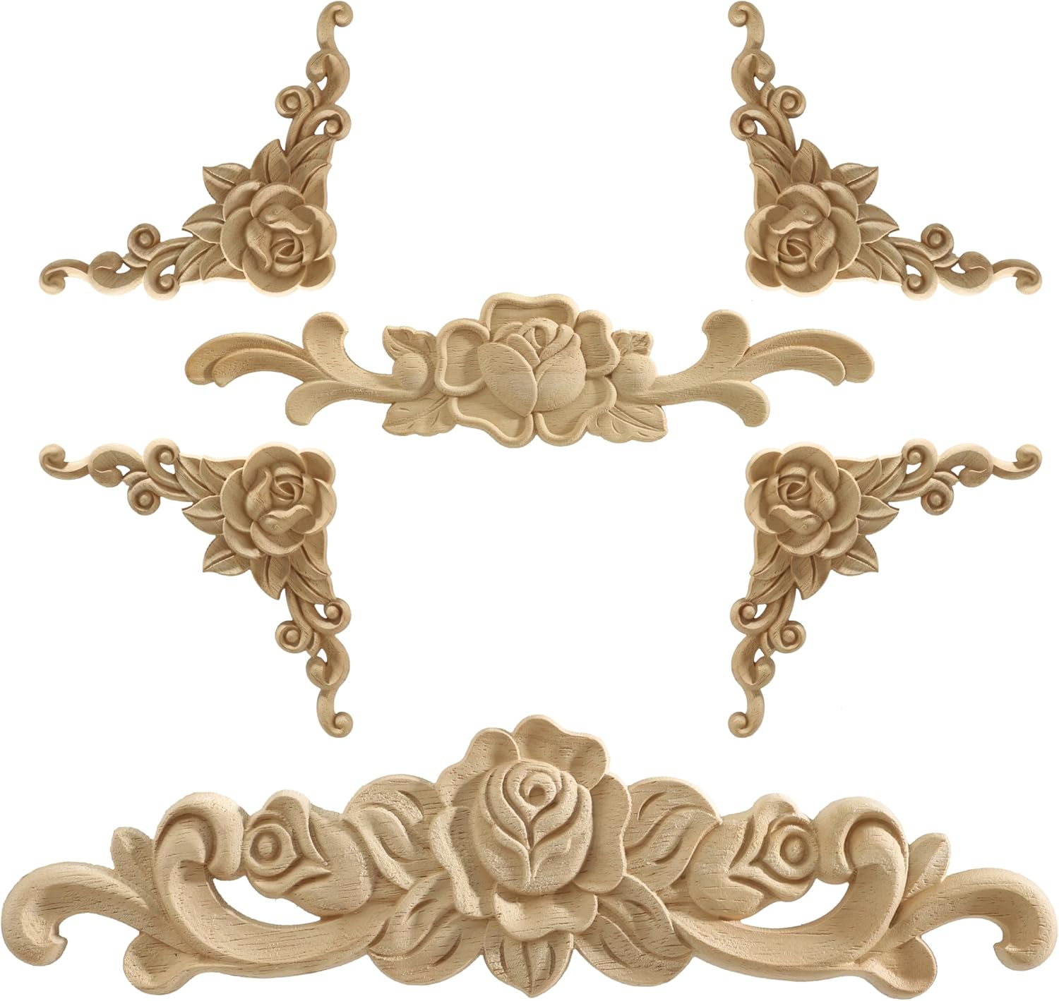 Wood Rose Appliques Onlays Set, 6-Piece Set with Unpainted Decorative Wood Decal Carving, Used for Upgrading Decoration Technology DIY Projects Such as Bed Doors and Headboards (35CM ROSE2)