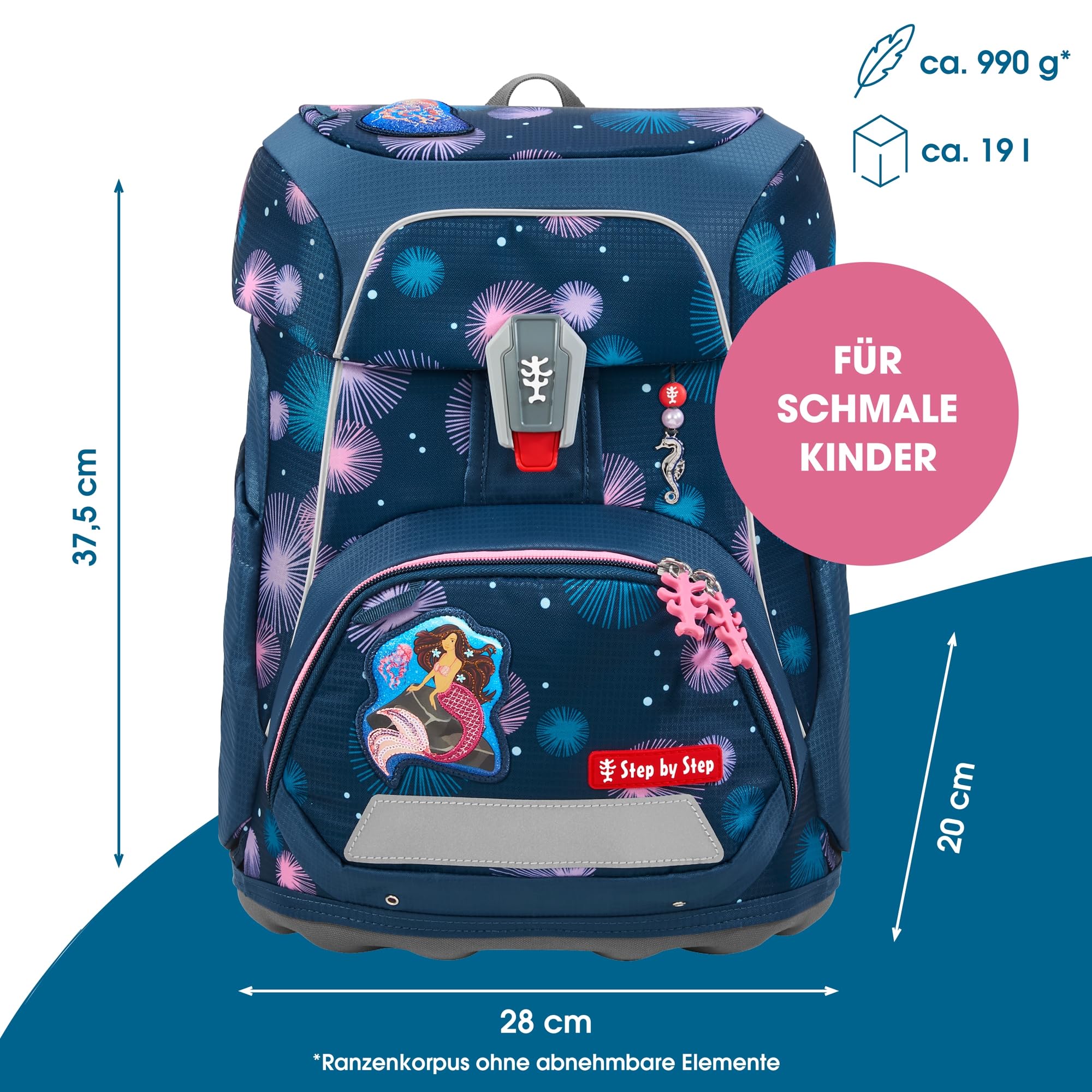Step by Step Schulranzen-Set FIT „Mermaid Delia“ 5-teilig, blau-lila-rosa, Meerjungfrau-Design, ergonomischer Tornister mit Reflektoren, höhenverstellbar mit Hüftgurt für Mädchen ab der 1. Klasse, 19L