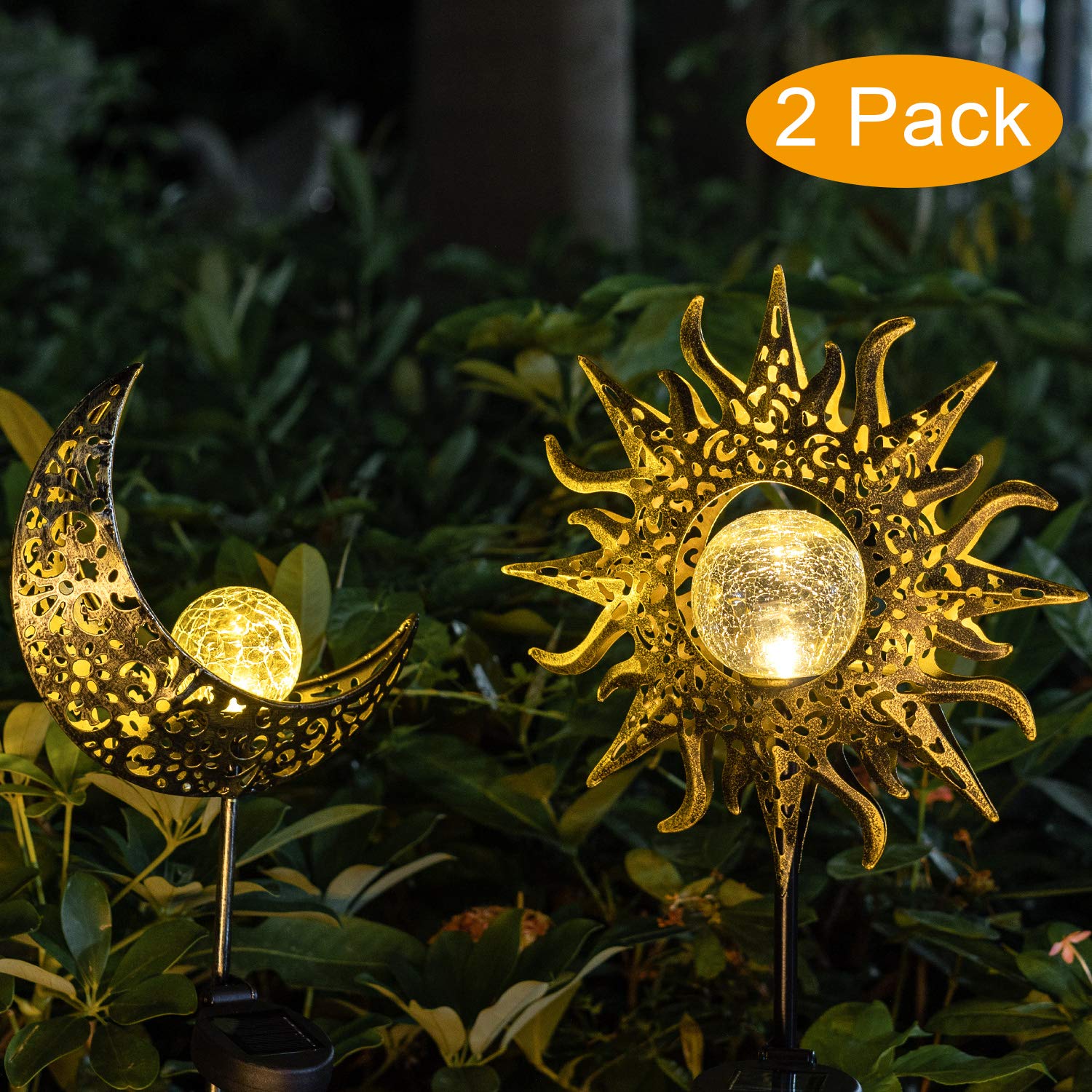 Solar Lights Outdoor Garden Decorative,Waterproof Metal Sun Moon Stakes