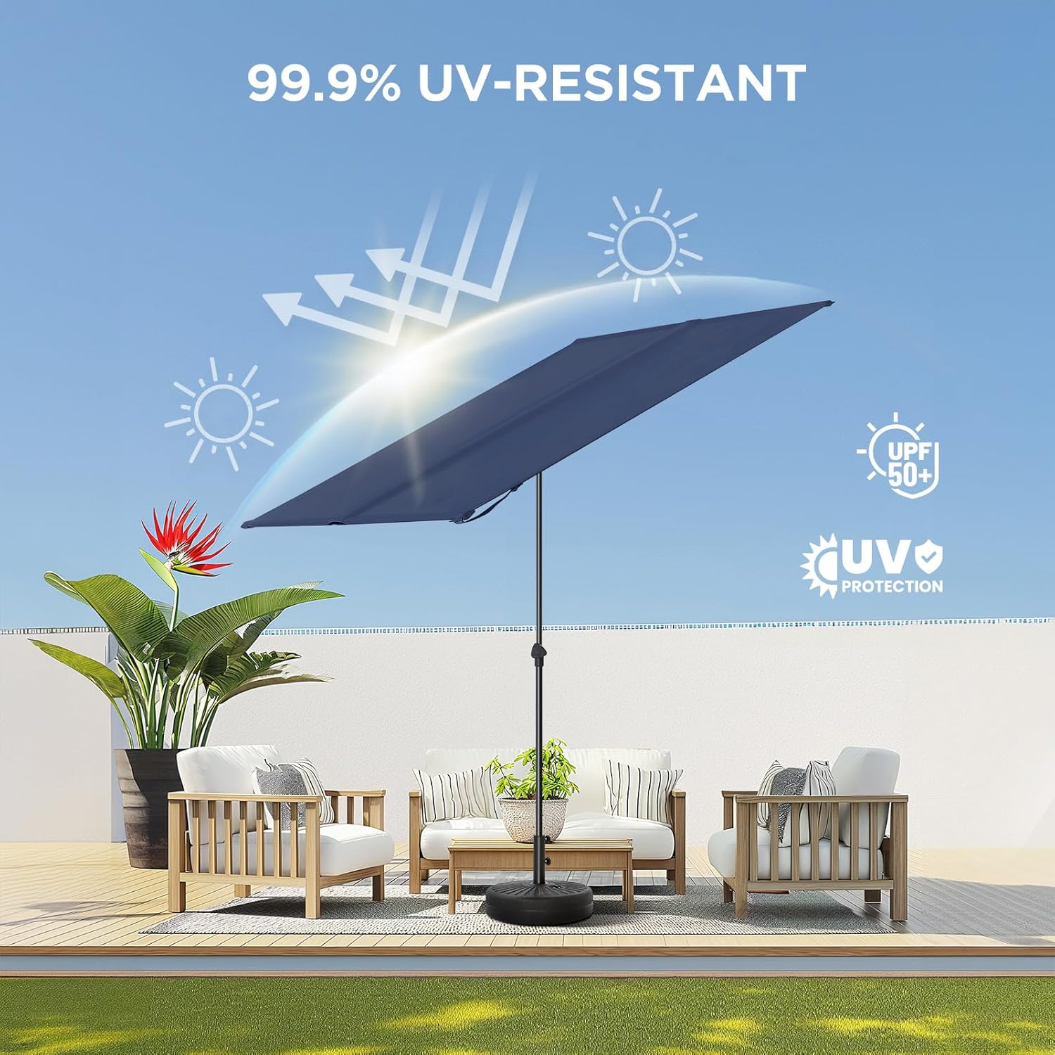 HOMSHADE 6x4ft Outdoor Balcony Umbrella - Flat Porch Pool Patio Umbrella Rectangular Canopy Shade UPF50+ UV Protection 360° Rotating & Tilting All Angles Applicable (Navy Blue, No Base)