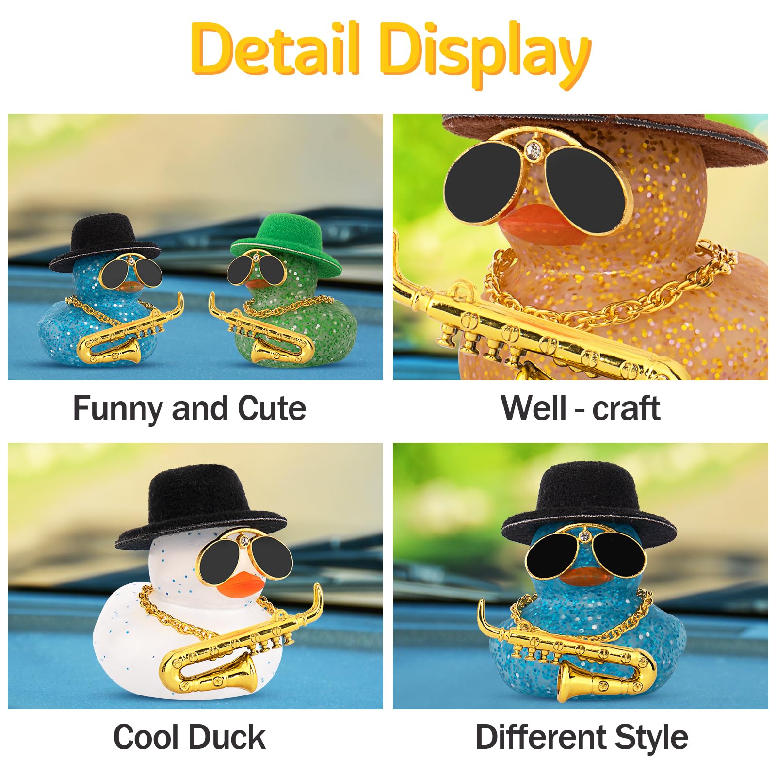wonuu Car Dashboard Ducks, Saxophone Decor Rubber Duck Car Ornaments with Mini Top Hat Necklace Sunglasses (Light Blue)