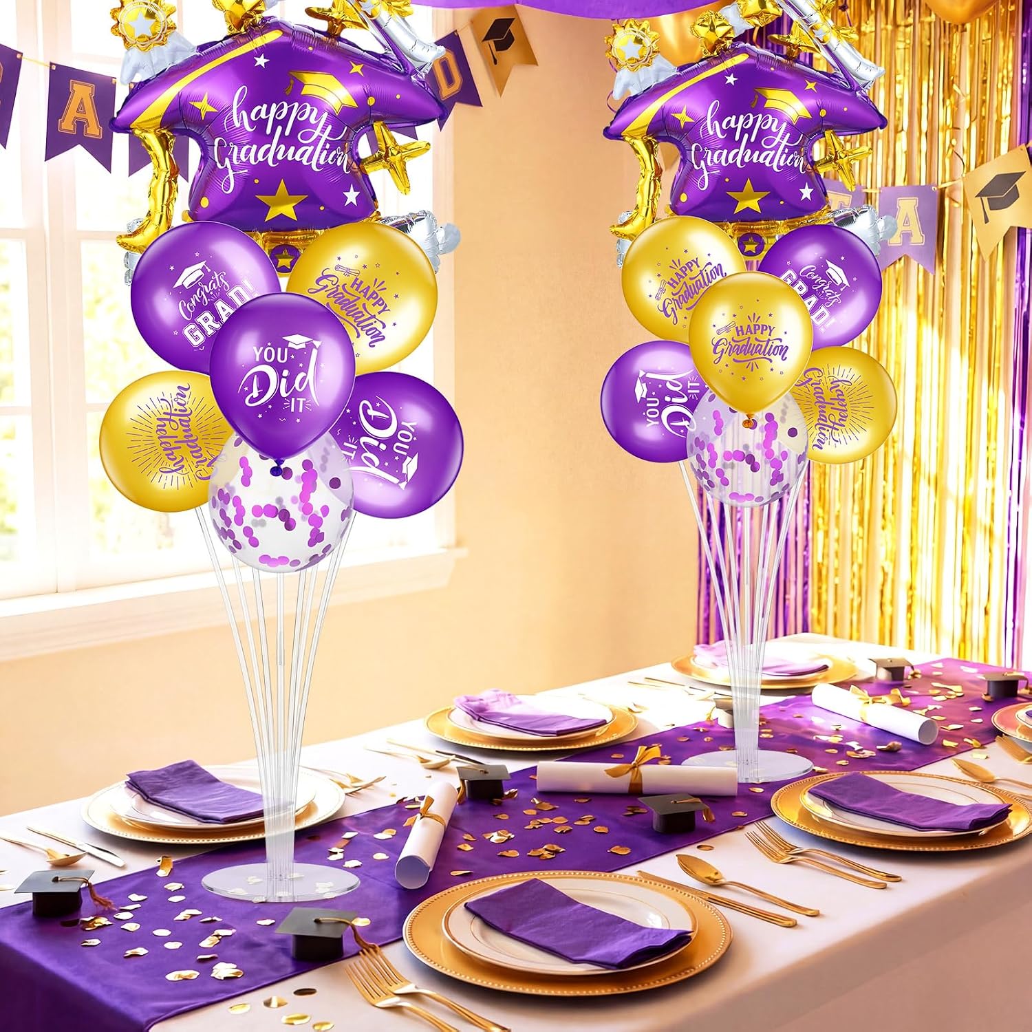 Jenaai Purple and Gold 27 Pcs 2026 Graduation Balloon Centerpiece with Stand Congrats Grad You Did It Graduation Cap Balloons Column Tower Kit for High School College Party Table Decorations image 2
