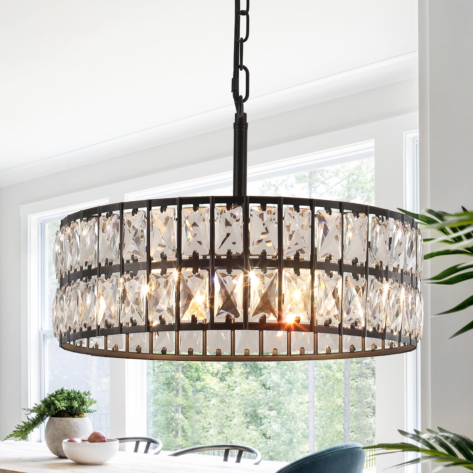 JHLBYL Crystal Black Chandelier Ceiling Lights, 5-Light Modern Adjustable Pendant Light Fixture, Round Crystal and Metal Chandelier for Dining Room Bedroom Living Room, E14 Dimmble Sockets