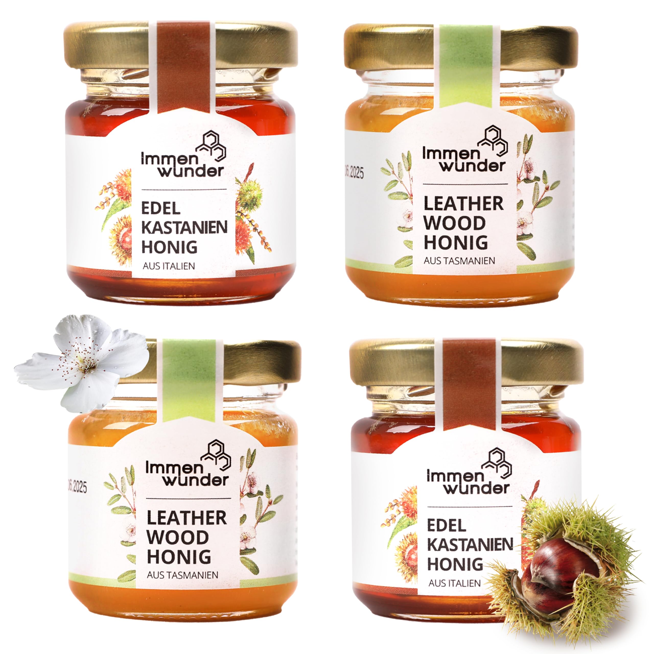 Immenwunder Honig Probierset Set Honigwald, 4x50g Honige 2x Leatherwood Honig, 2x Edelkastanie, ideale kleinigkeiten für Ostern, Geschenkideen