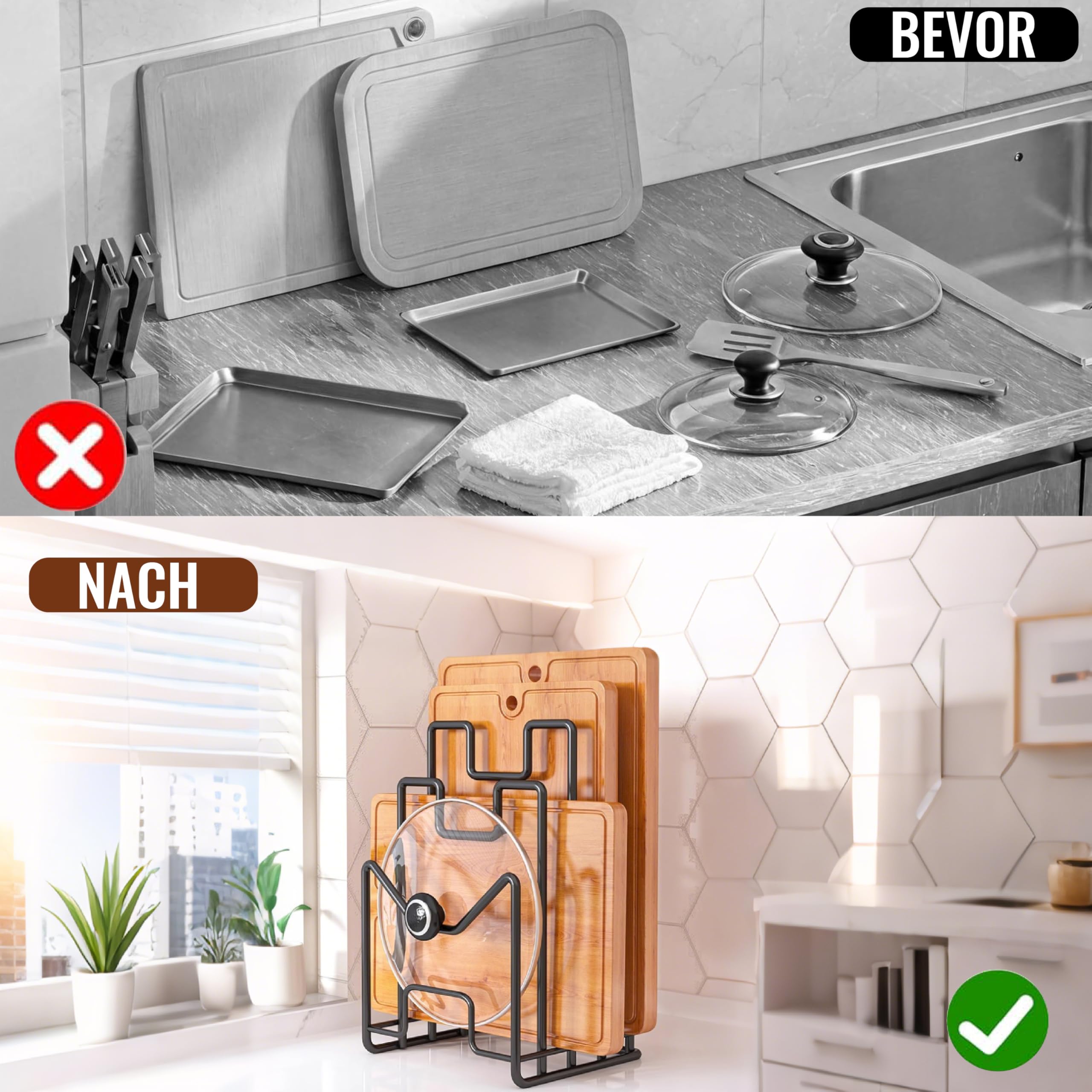 1Stück Schneidebrett-Rack, Schneidebrett Rack Schneidebrett, Topfpfannendeckel Halter Schwarz,Topfpfannendeckel-Halter für Küchenschränke, Schneidebrett Ständer,Schneidebrett-Organiser Ständer