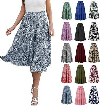 Floral Midi Skirts for Women Casual Swing Tiered A-Line Flowy Long Skirt Loose Comfy Elastic High Waisted Y2k Skirts