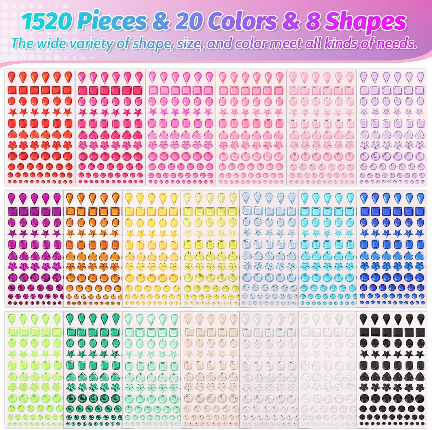 cridoz 1520 Pcs Self Adhesive Gem Stickers for Crafts, 20 Colors, 8 Shapes Stick on Jewels, Rhinestones for Bedazzling Decorations