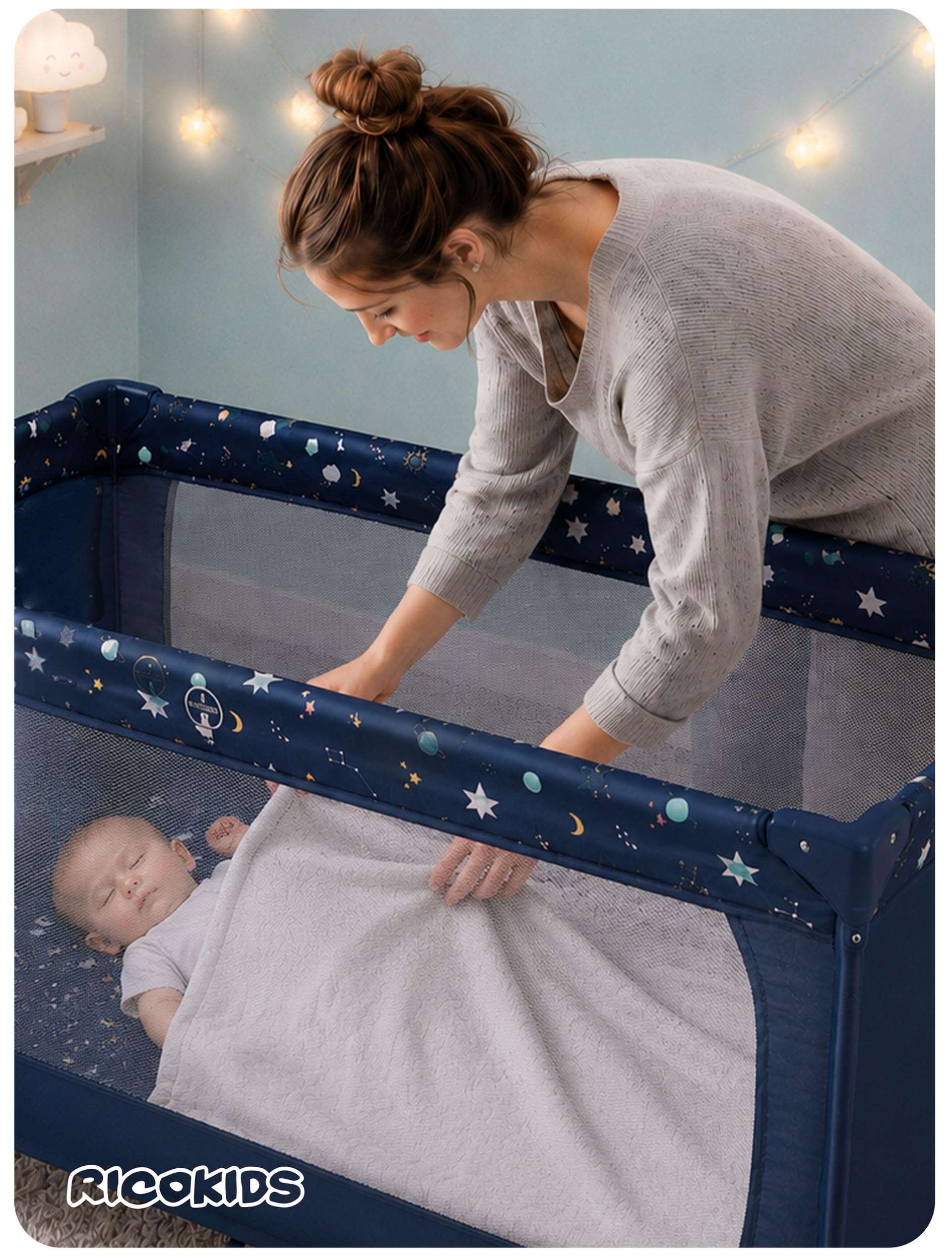 Ricokids Lit de Voyage Pliable pour bébé avec Matelas - Sac de Transport - 125 x 65 x 78 cm - Bleu foncé avec étoiles