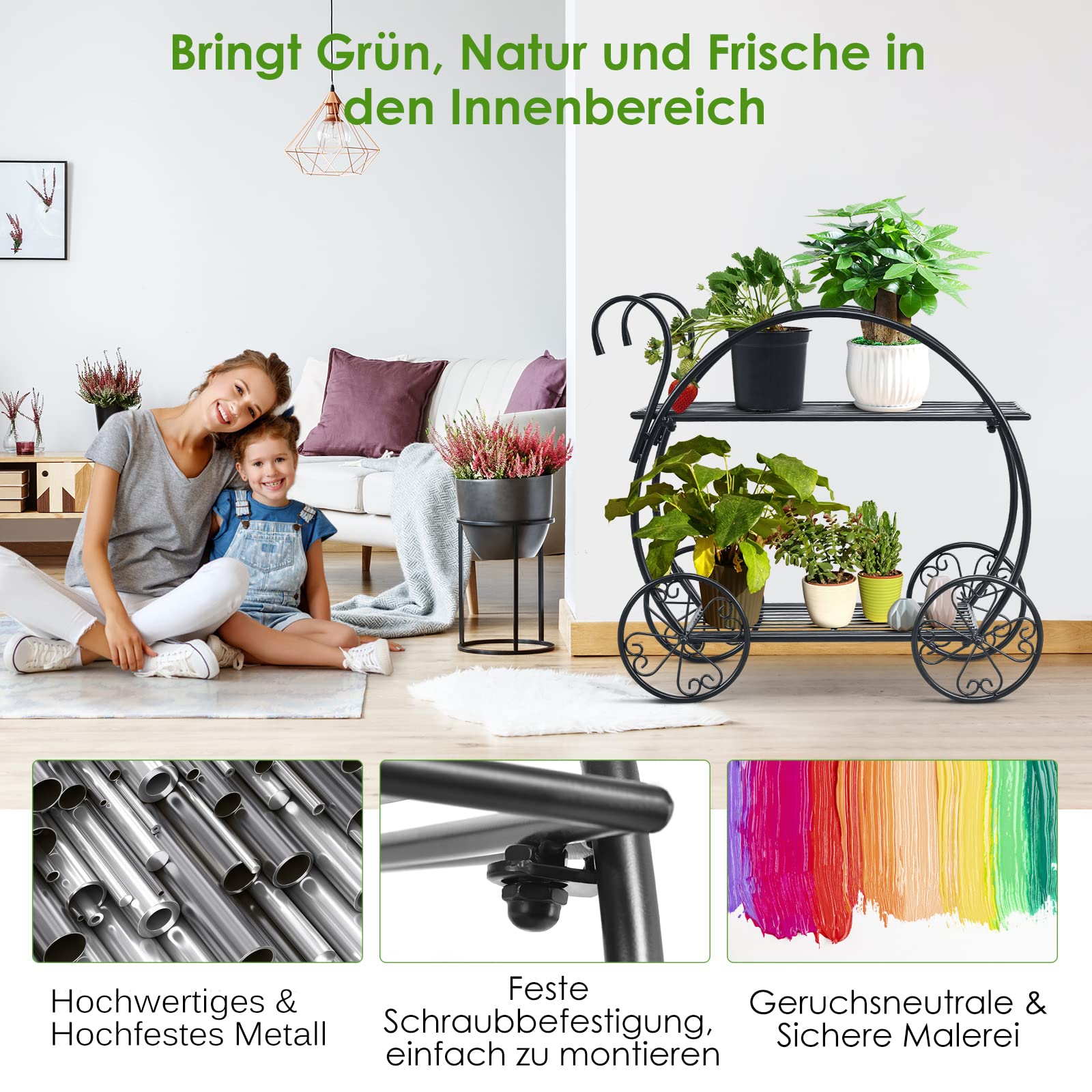COSTWAY Pflanzenregal Blumenregal 2-stufig, Blumenständer freistehend, Blumentreppe Metall, Pflanzentreppe schwarz Pflanzenständer für Balkon Garten Terrasse
