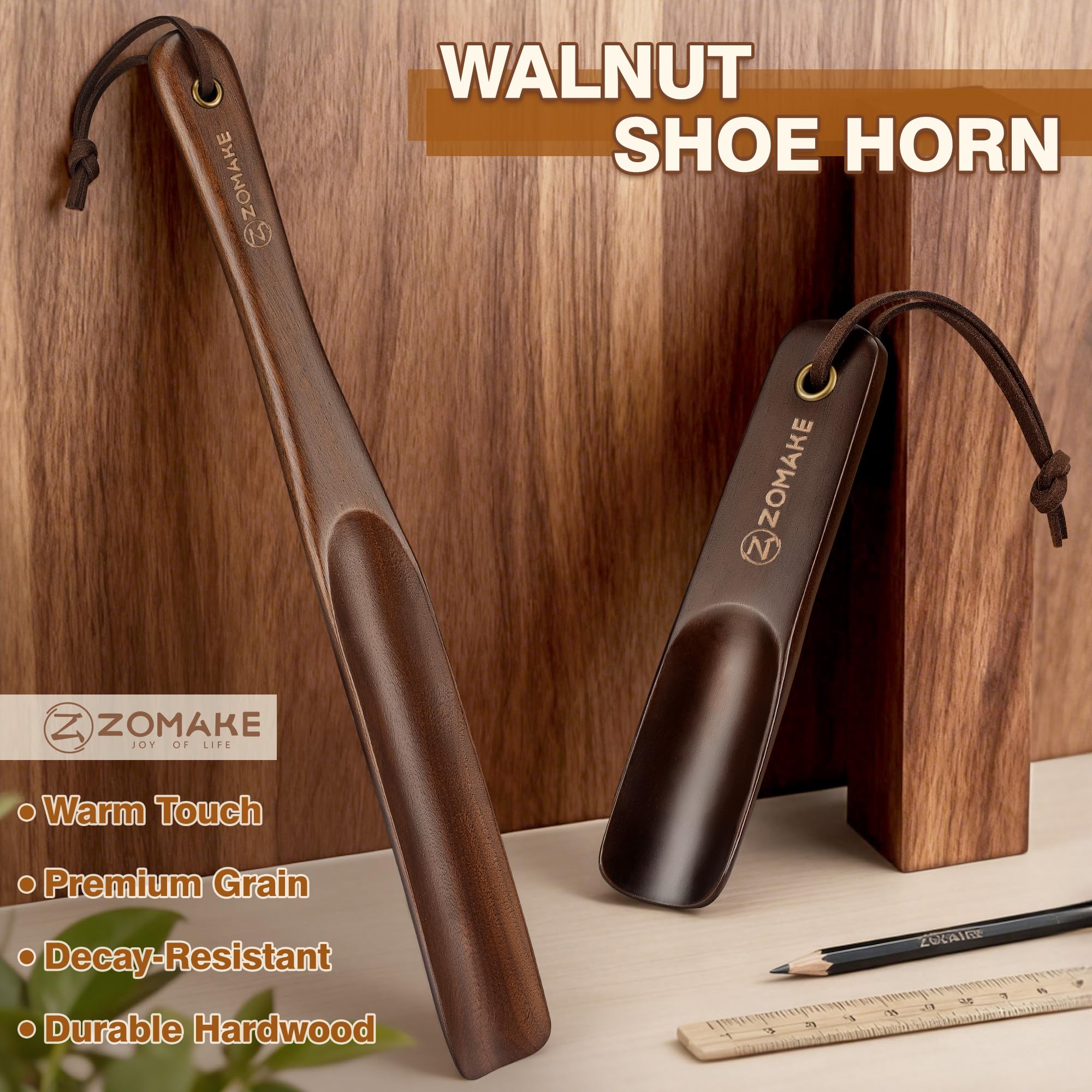 ZOMAKE Calzador de Zapatos Madera,Calzador de Madera Largo 35 cm y Calzador Madera Pequeño Corto 14.5 cm para Hombre Mujer Mayores Niños Ancianos,Calzadores Zapatos Estable,Nogal Material(2 Unidades)