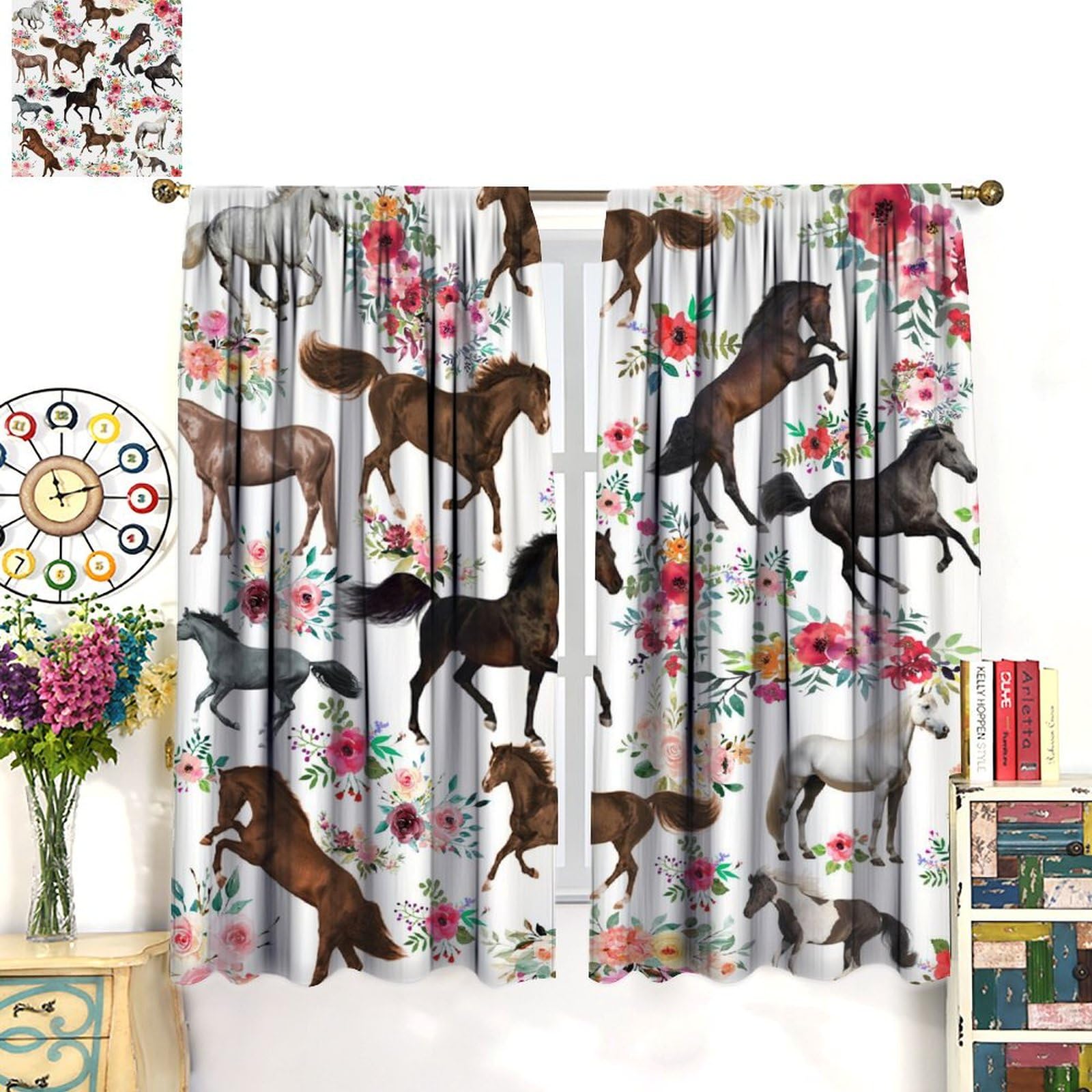 ShiTingYu Girls Horse Blackout Curtains with Watercolor Pink Flower Galloping Horse Pattern, Perfect for Cowgirls, Boys, Teens - Bedroom, Living Room, Kitchen Drapes - 42x45 Inch