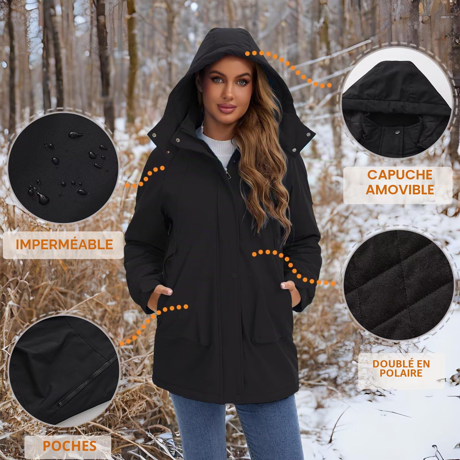Vestes imperméables légères pour femmes Manteaux longs Softshell doublés de polaire chaude pour l'automne et l'hiver
