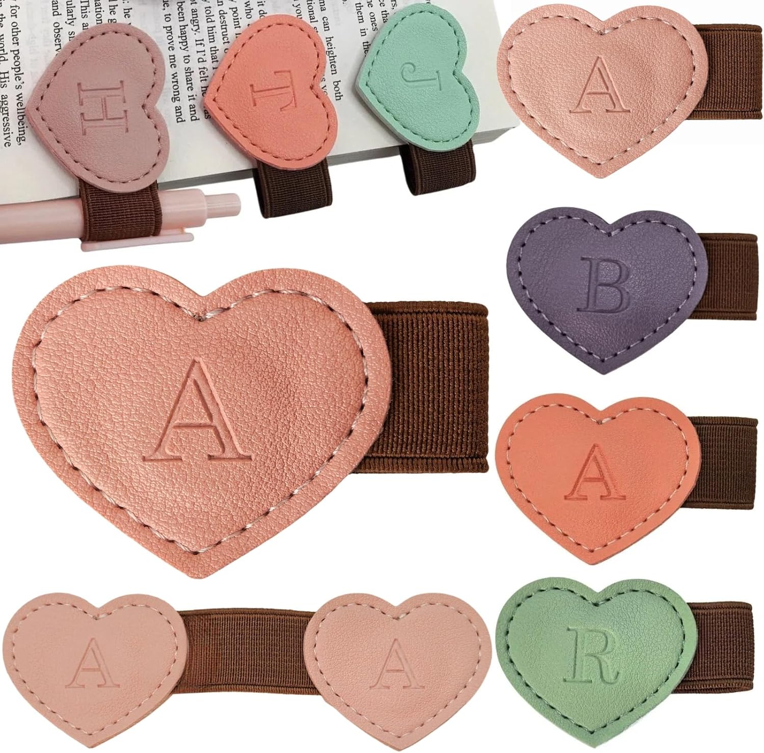 Personalized Magnetic Leather Heart Bookmark with Pen Holder -Custom Book Mark Notebook Loop with Initial Bookmarks for Readers, Book Lovers- Refrigerator Double Magnet Gifts for Women Men(Pink,A)