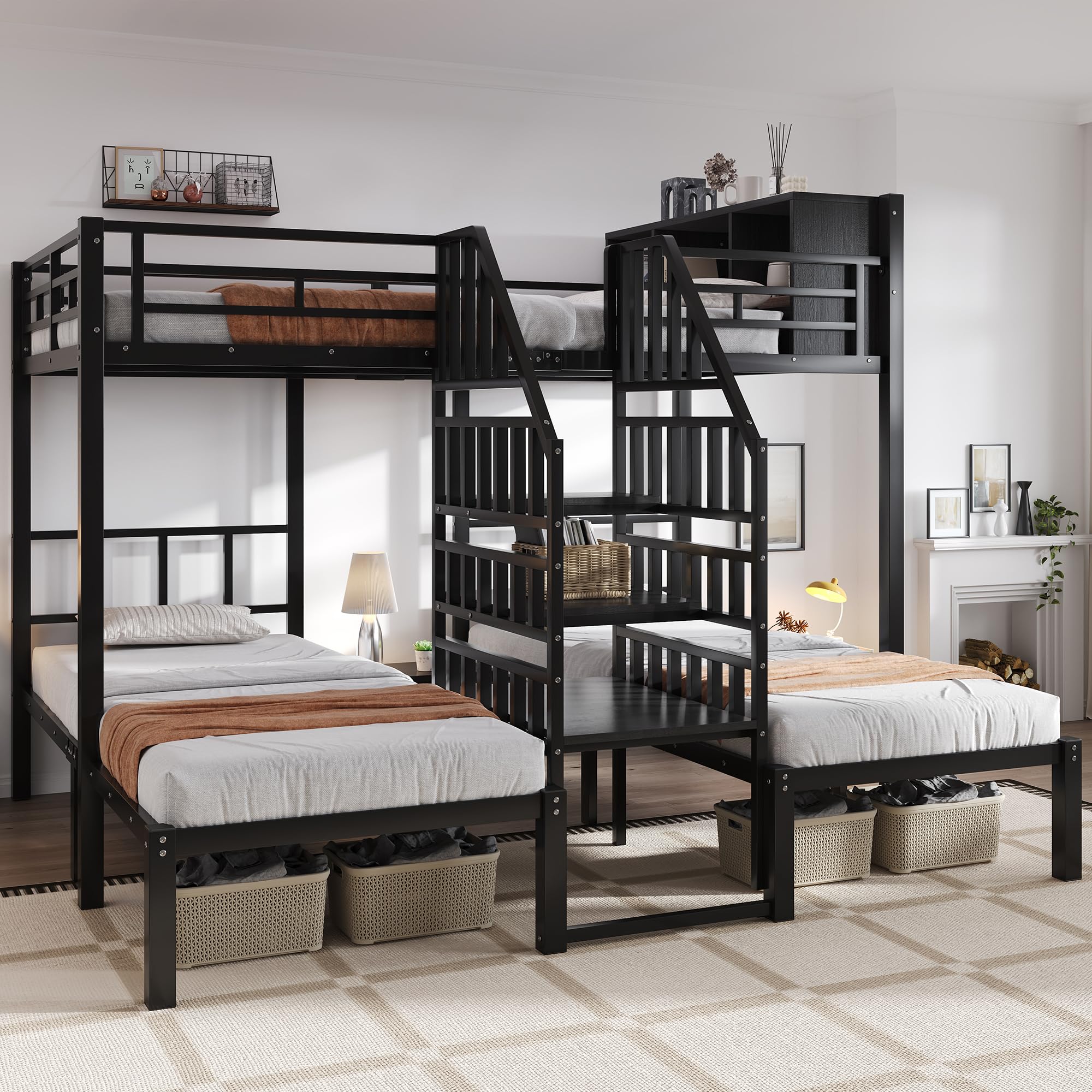 Letto a castello in ferro, 90 x 200 cm e 140 x 200 cm, per 3 persone, comoda scala con corrimano e telaio stabile, letto superiore con vano portaoggetti, telaio in metallo, colore nero