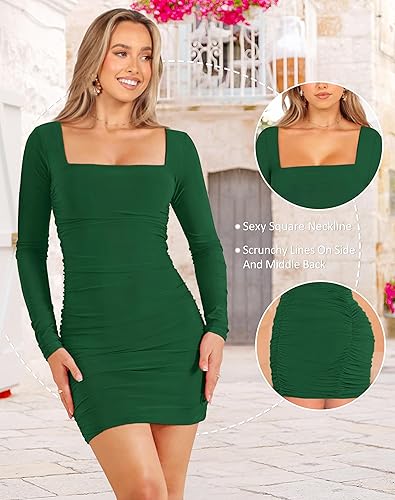 Vista 5 de Ellakoko Long Sleeve Bodycon Dresses Spring Sexy Mini Ruched Bodycon Party Cocktail Prom Dresses for Women