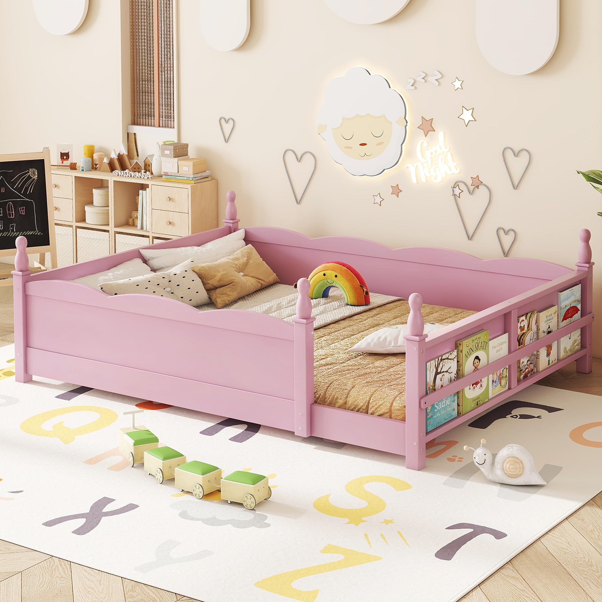Bellemave Queen Size Montessori Floor Bed Frame with High Fence, Solid Wood Kids Floor Bed with Bookshelf, Low Profile Bed for Boys &amp; Girls, Childlike Design,Pink