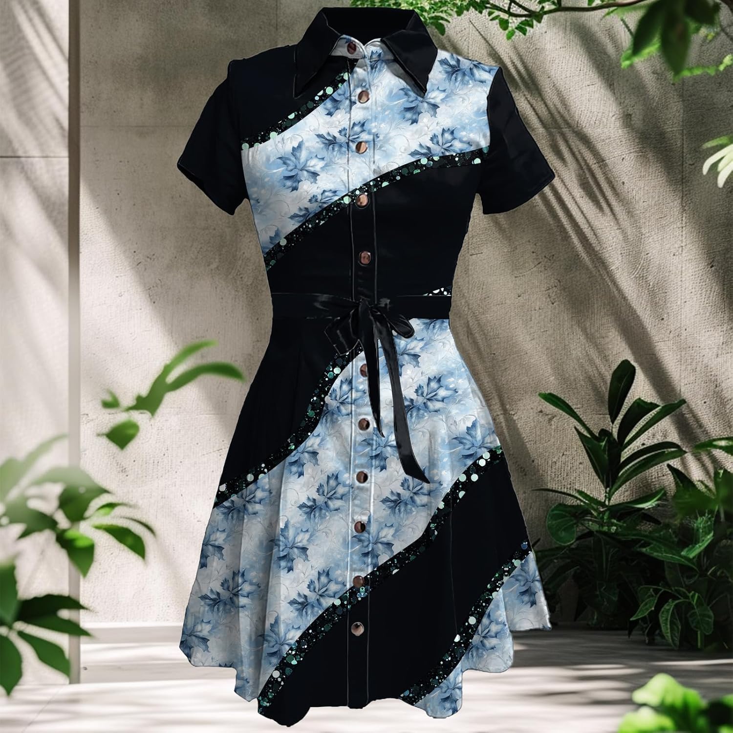 Business Casual Dress for Women Western Floral Short Sleeve Collared Button Down Fashion Aline High Waist Dress - Image 2