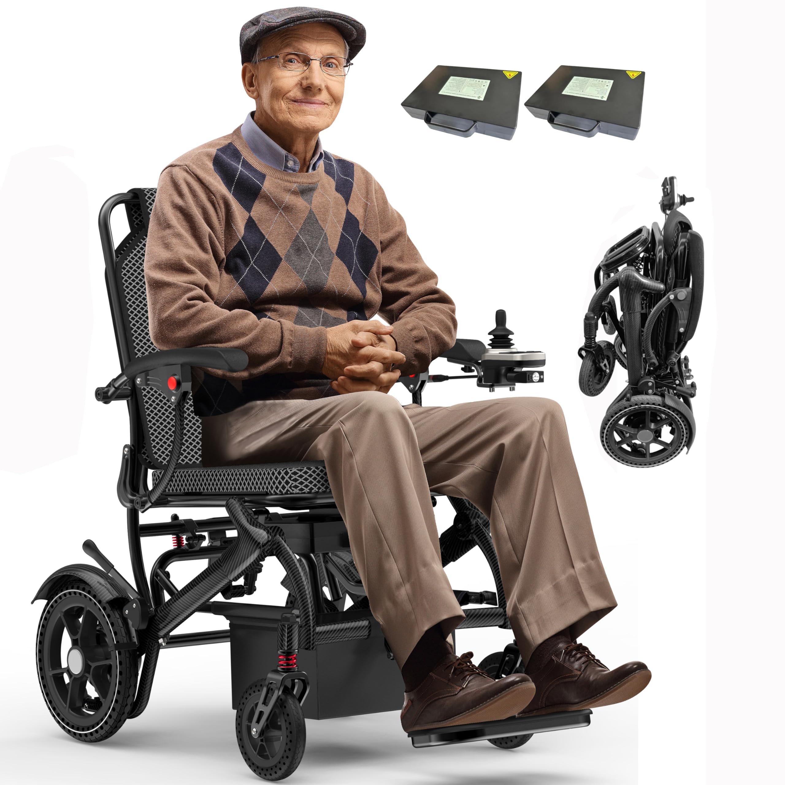 Electric Wheelchairs for Adults Foldable 36LBS Lightweight Frame Airline Approval, 30 Miles Range, Max Support 350 LBS, 500W Brushless Motors with LED Light-Black Color (Two Batteries Version