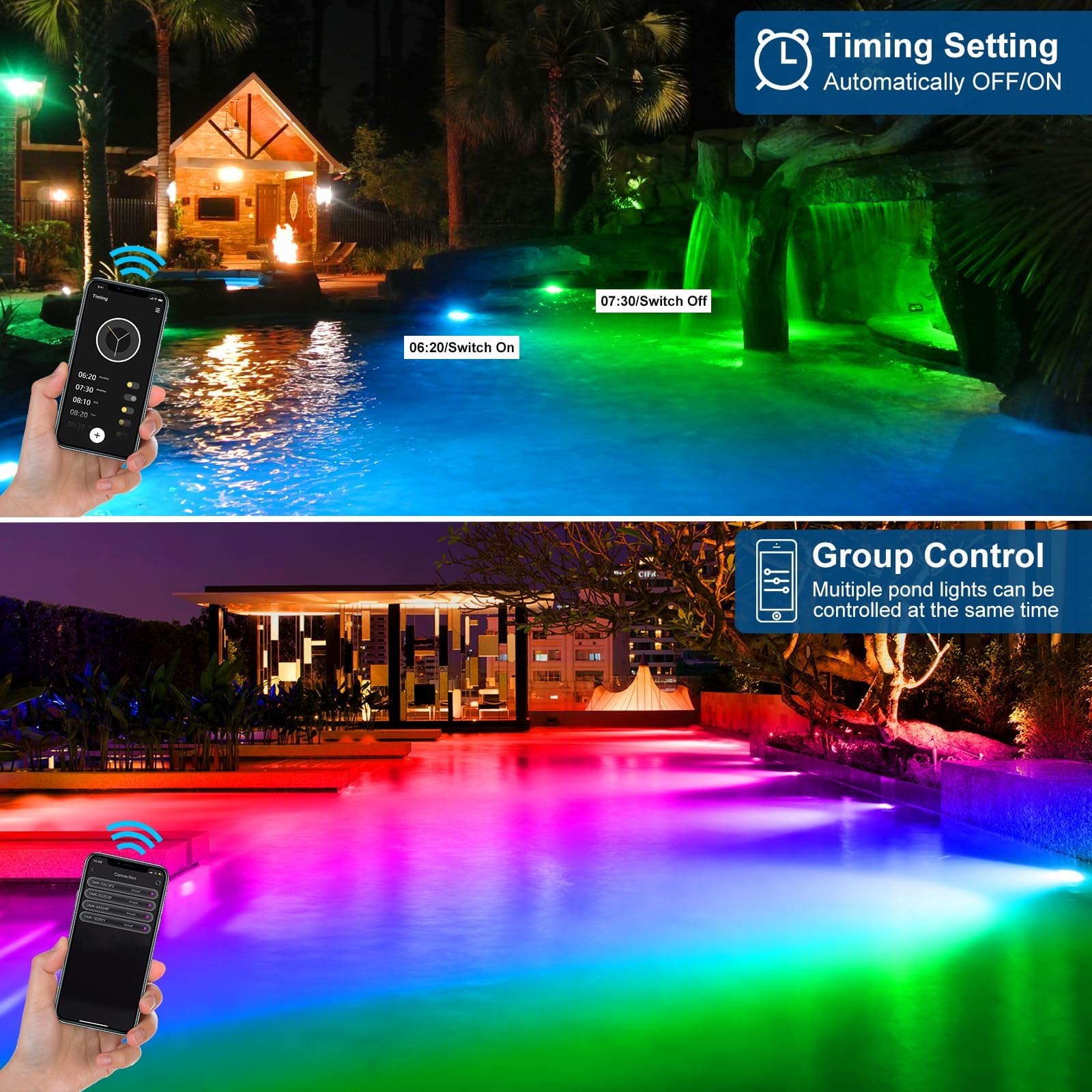 T-SUNUS Illuminazione per Laghetto a LED Subacqueo, LED Sommergibili con Controllo APP Bluetooth Dimmerabile IP68 Illuminazione Subacquea RGB per Giardino Partito Piscina 8 in 1