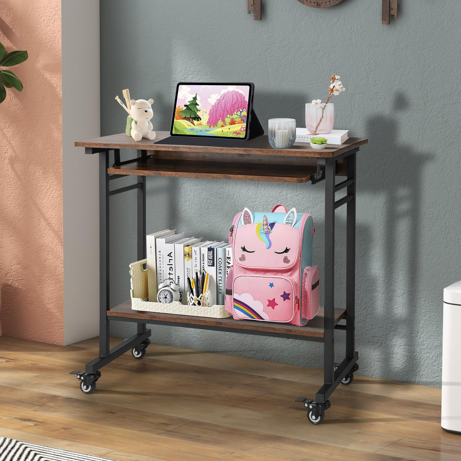 COSTWAY Schreibtisch mit Rollen, Tastaturablage, platzsparender Computertisch PC-Tisch mit Ablagefläche unten und Haken, industrieller Laptoptisch für das Heimbüro (Braun)