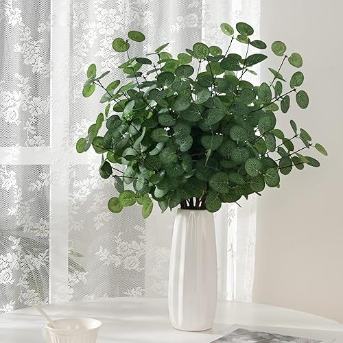 Miniatura 5 de BLEUM CADE 12 tallos de eucalipto artificiales de 24 pulgadas de alto con hojas, tallos de eucalipto sintético, planta de eucalipto de dólar