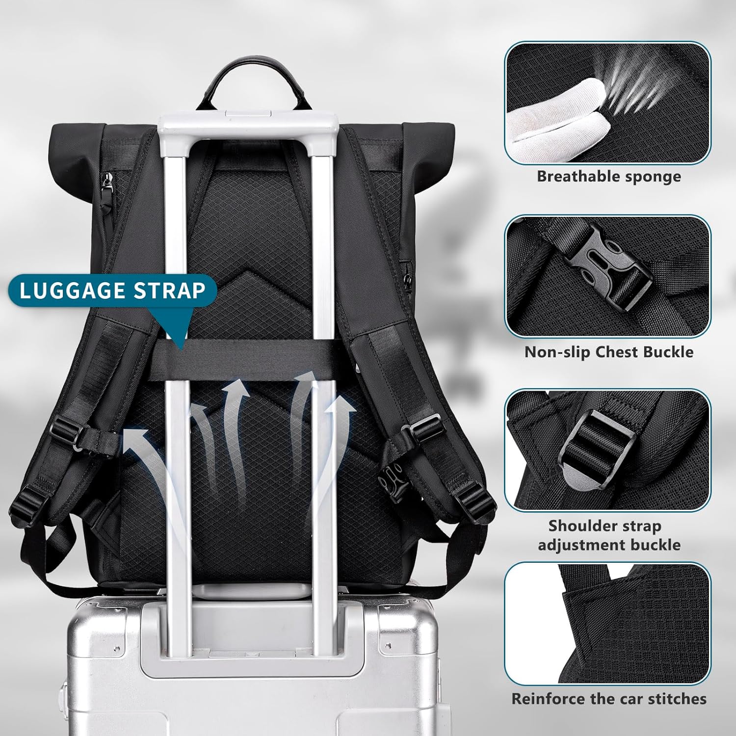 Rolltop Backpack for Men Women, 24L/32L Expandable Backpack with Laptop Compartment, Water Resistant Anti-theft Business Travel Work College Bag Fits 15.6 Inch Tablet, Notebook - Image 4