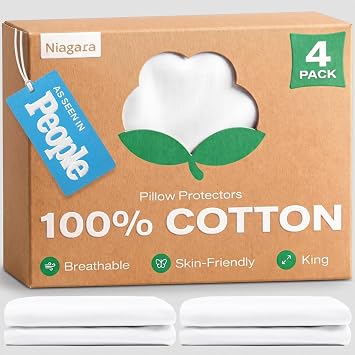 100% Cotton 4-Pack Pillow Protectors with Zipper King Size 100% Resistant to Stains, Dust & Dirt Washable Covers for Increased Pillow Lifespan
