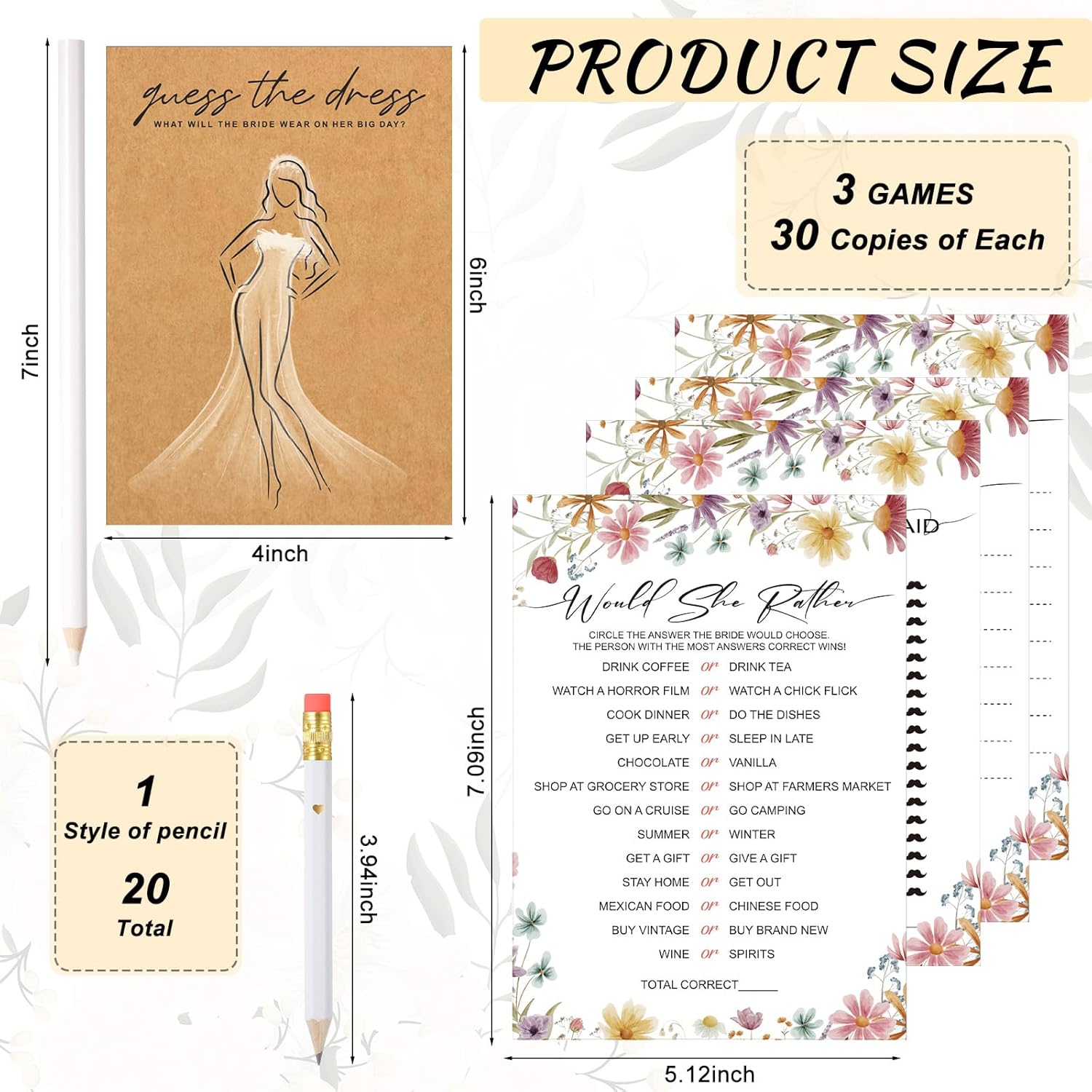 Geyoga Wildflower Bridal Shower Game Set for 30 Guest Include Guess the Dress, He Said She Said, Would She Rather, Advice and Wishes, Wood Box 45 Pencil Bachelorette Wedding Party Game Double Sided