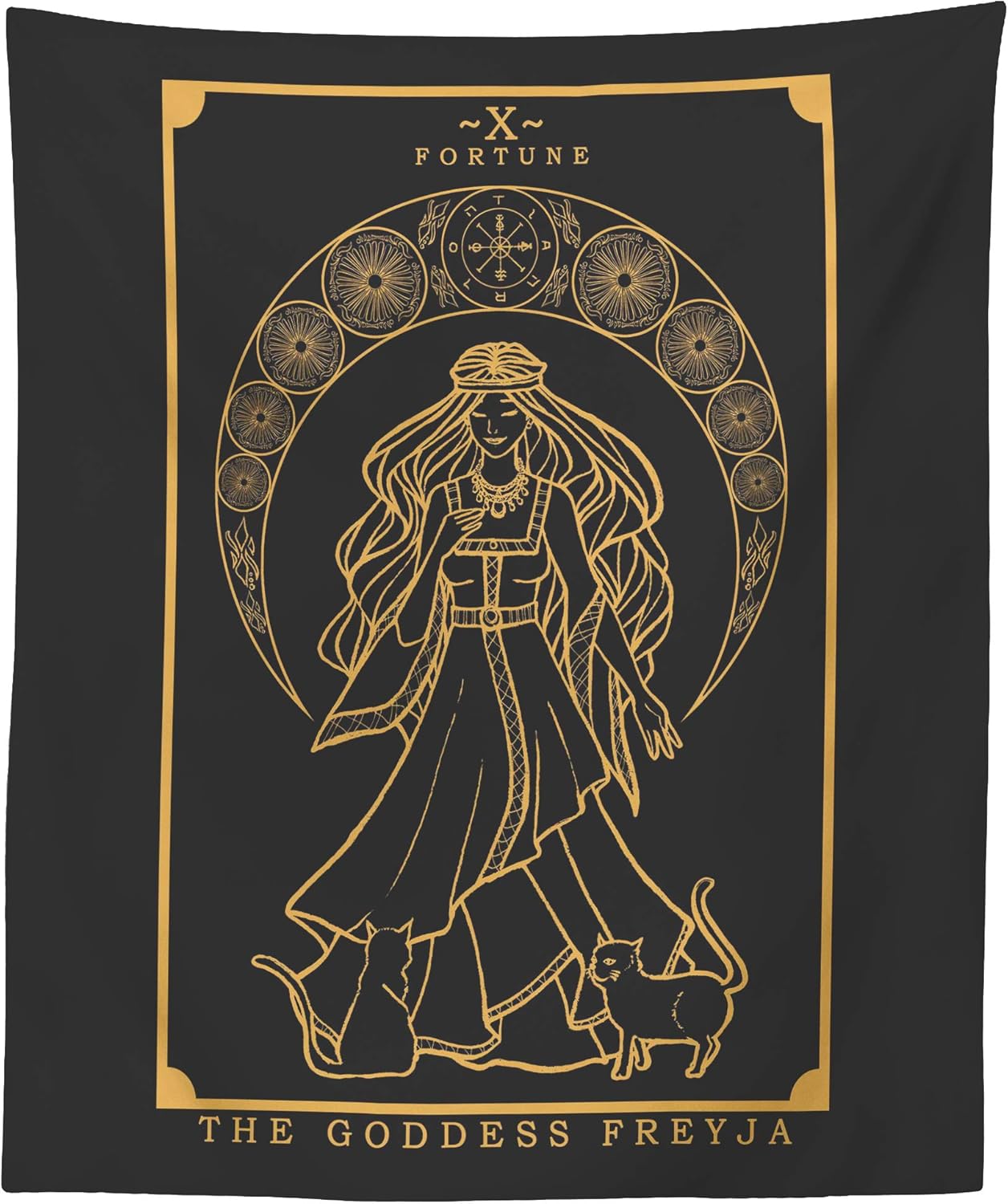The Goddess Freyja Tarot Card Tapestry (Black & Gold) - Norse Goddess Freya Pagan Witch Wall Hanging Home Decor (80" x 68")