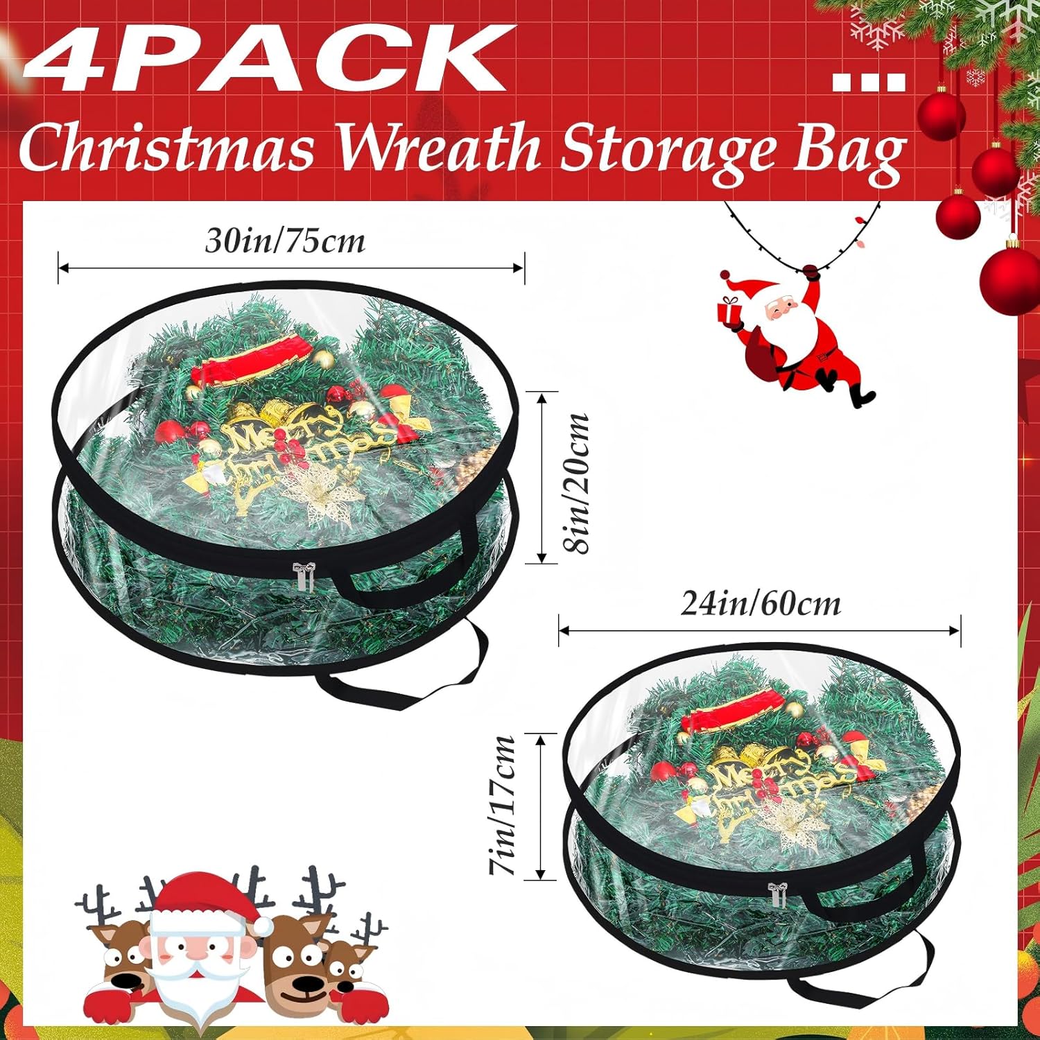 Zhengmy 4 Pack 30" 24" Wreath Storage Container Clear Christmas Wreath Storage Bags with Handle and Dual Zipper Plastic Decorative Garland Protector for Xmas Seasonal Holiday(Black)