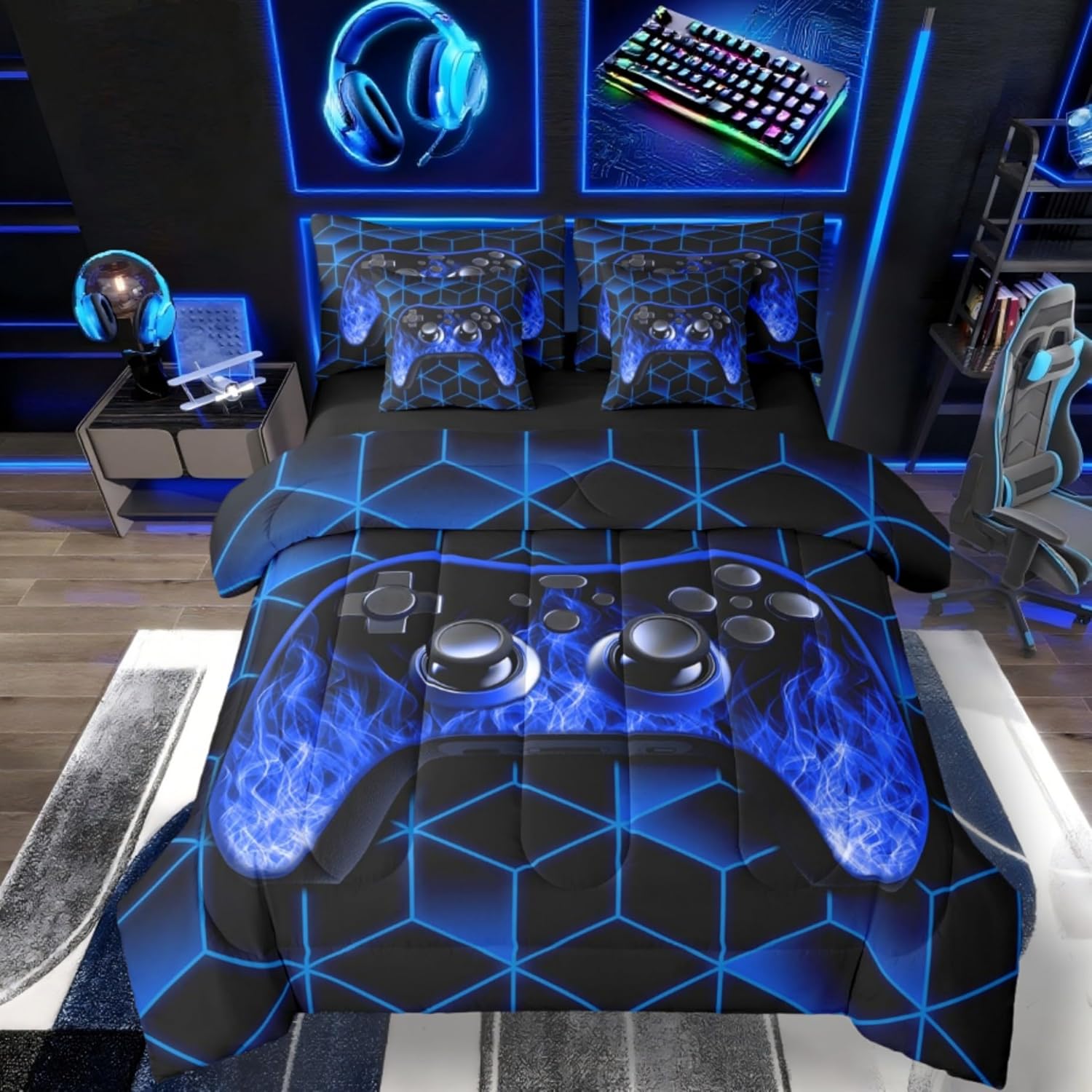 Gaming Consoles Bed in a Bag Queen Comforter Set 7 Piece,Neon Geometric Video Game Bedding Set3D Geometric,Gamer Sheet Set Blue Flame Bed Set,Gamer Decor for Boys Bedroom Decor Gamer Gifts