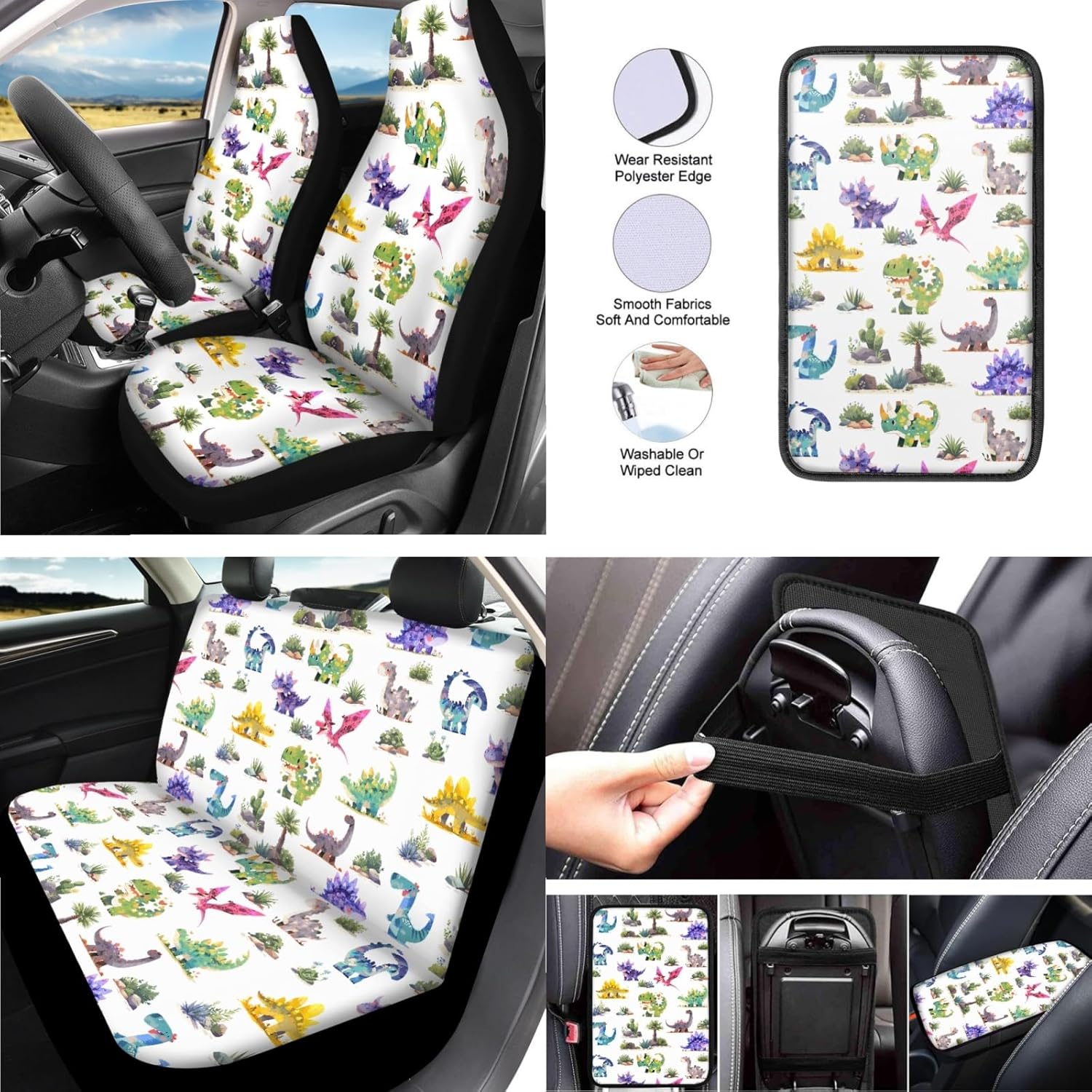 Cartoon Mini Dinosaur T-rex Hand Drawing Car Seat Cover Full Set Universal 13 Pcs for Cute Pterosaur Dinosaur Forest Front and Back Seat Cover Keychains for Truck SUV…