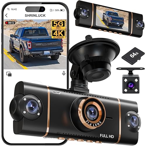 4-Channel 360° Dash Cam,Front,Rear,Left & Right Car Camera,4K + 3×1080P FHD Recording, 5GHz WiFi with App Control, 24-Hour Parking Monitor, 8 IR Lights Night Vision, with 64GB SD Card, Gold