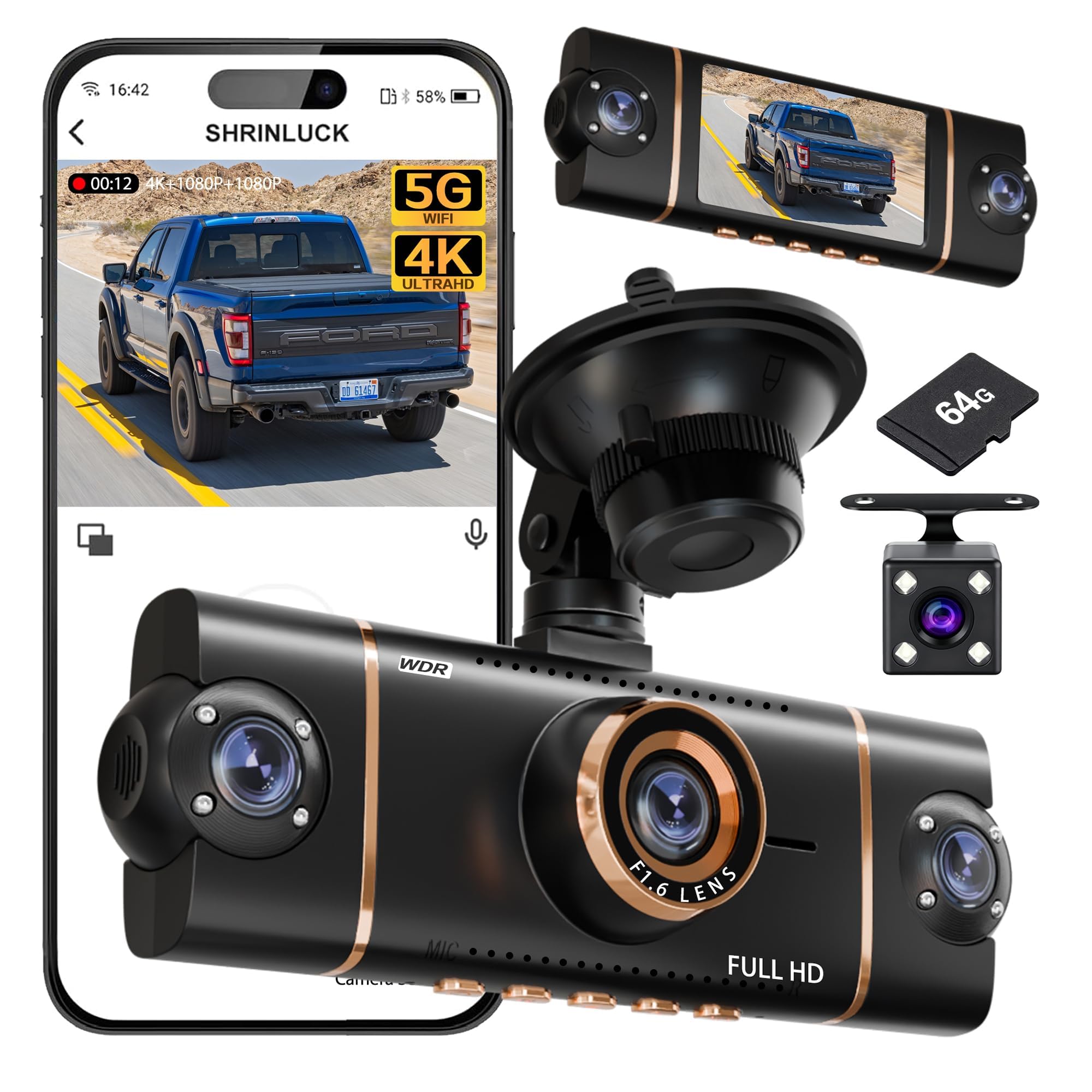 Photo 1 of XYGCACO 4-Channel 360° Dash Cam,Front,Rear,Left & Right Car Camera,4K + 3×1080P FHD Recording, 5GHz WiFi with App Control, 24-Hour Parking Monitor, 8 IR Lights Night Vision, with 64GB SD Card, Gold