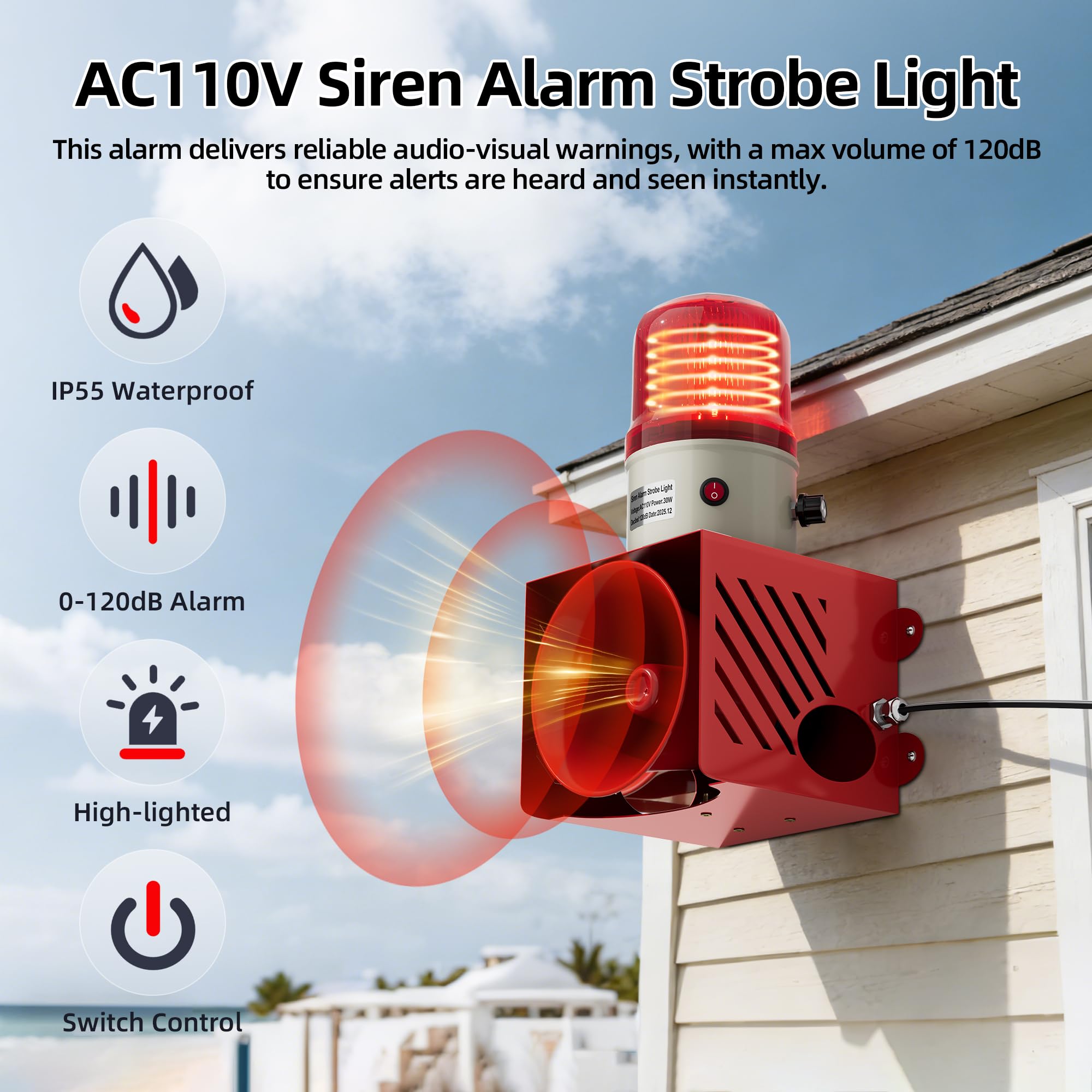 Joinfworld Luz estroboscópica de alarma de sirena AC110V 120dB volumen ajustable al aire libre impermeable emergencia estroboscópica alarma alarma alarma luz de advertencia