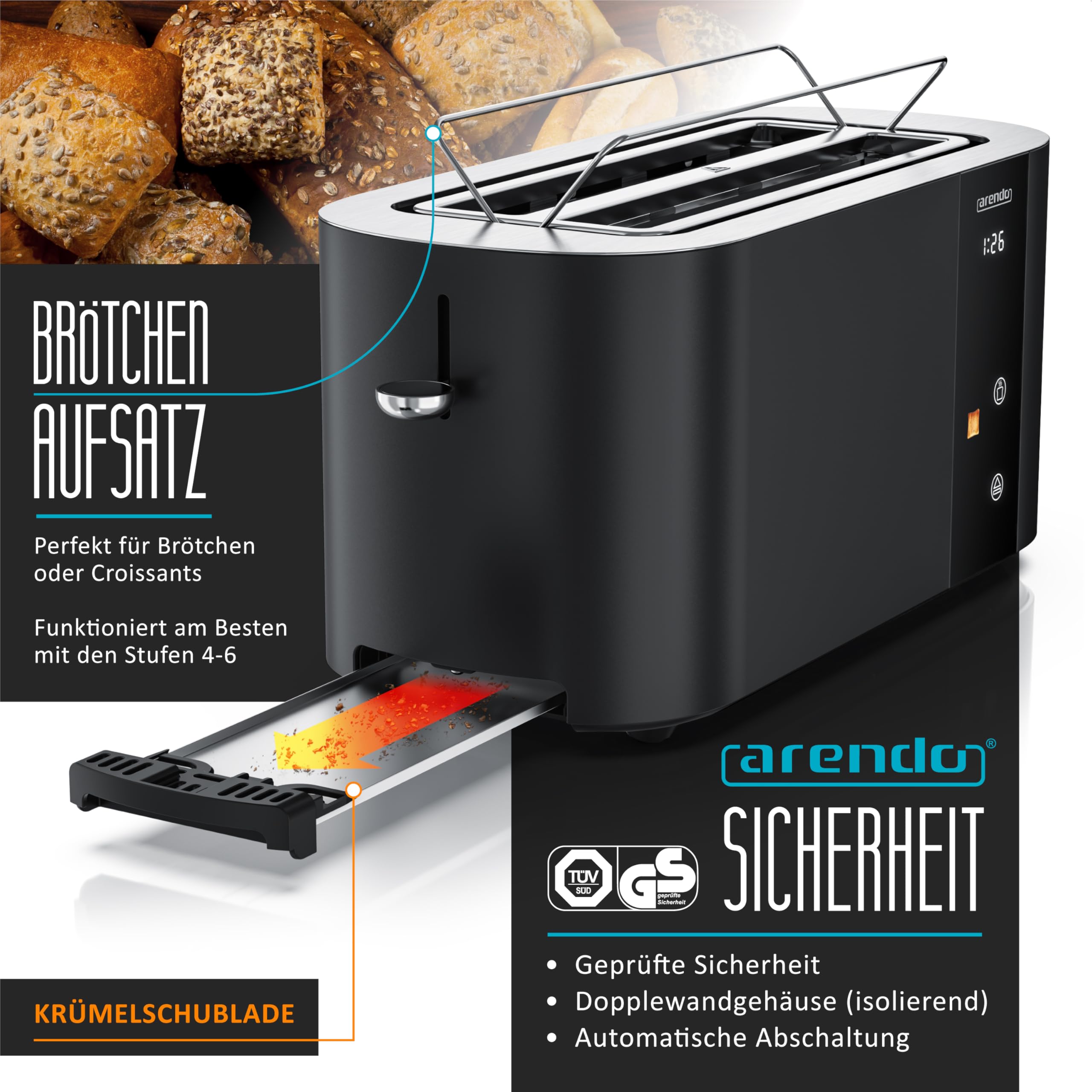 Arendo - Edelstahl Toaster 4 Scheiben Langschlitz - Touchscreen – Doppelwandgehäuse – 1500 W – Integrierter Brötchenaufsatz – 6 Bräunungsgrade – Brotzentrierung – Restzeitanzeige – Memoryfunktion