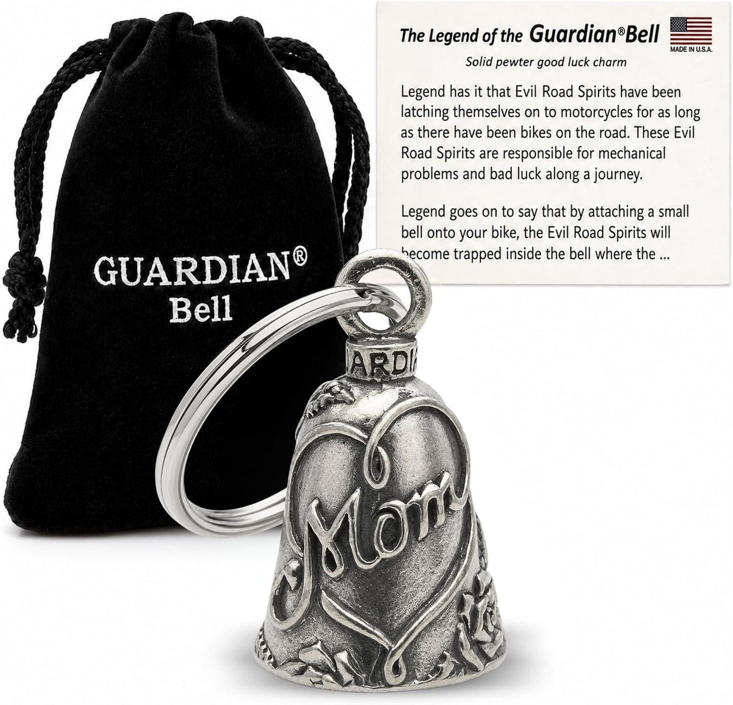 Guardian Bell Good Luck Bell w/Keyring & Black Gift Bag | Motorcycle Bell | Pewter | Good Luck Gift | Bike Bell | Made in USA