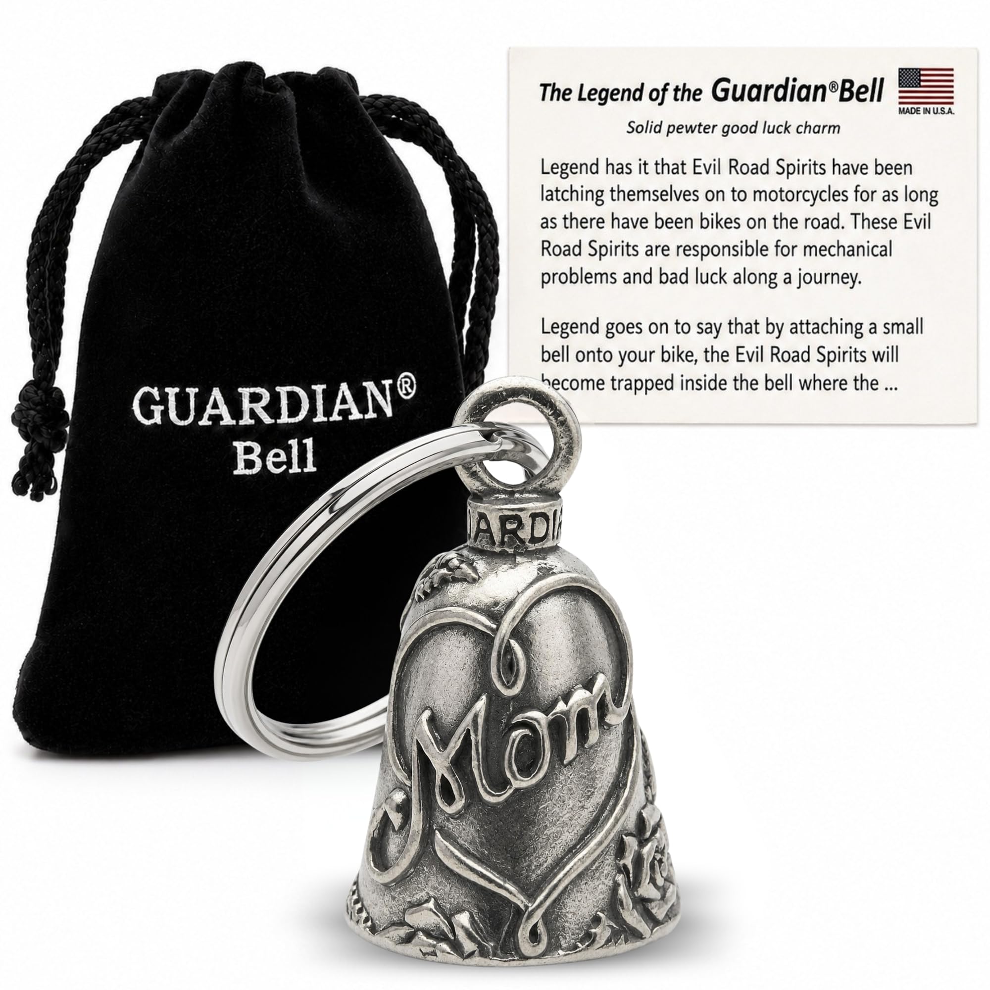 Guardian Bell Good Luck Bell w/Keyring &amp; Black Gift Bag | Motorcycle Bell | Pewter | Good Luck Gift | Bike Bell | Made in USA