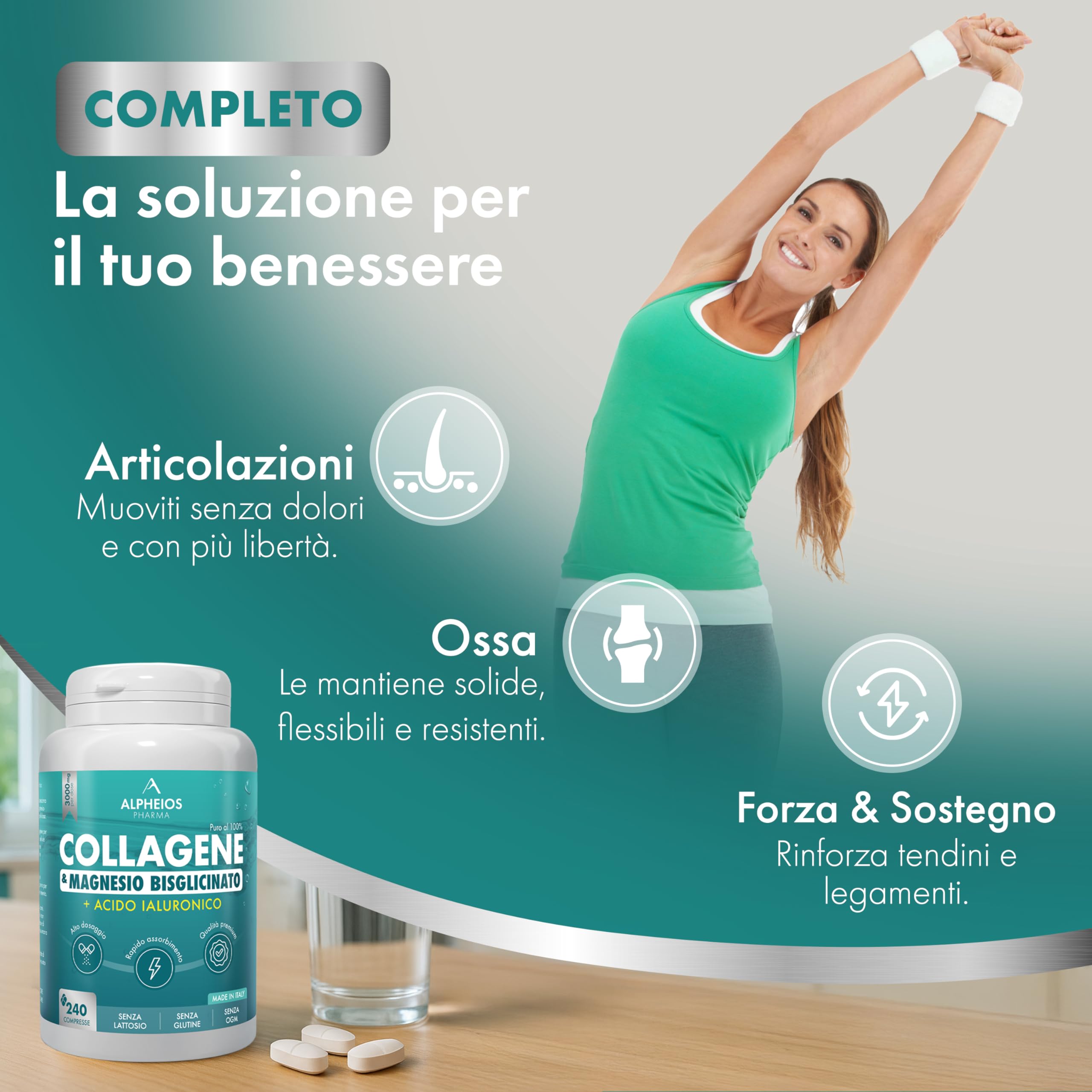 Collagene e Acido Ialuronico + Magnesio Bisglicinato – 240 Compresse, 3000 mg Collagene Idrolizzato con Vitamina C e Coenzima Q10 | Integratore Articolazioni, Ossa, Pelle ed Energia