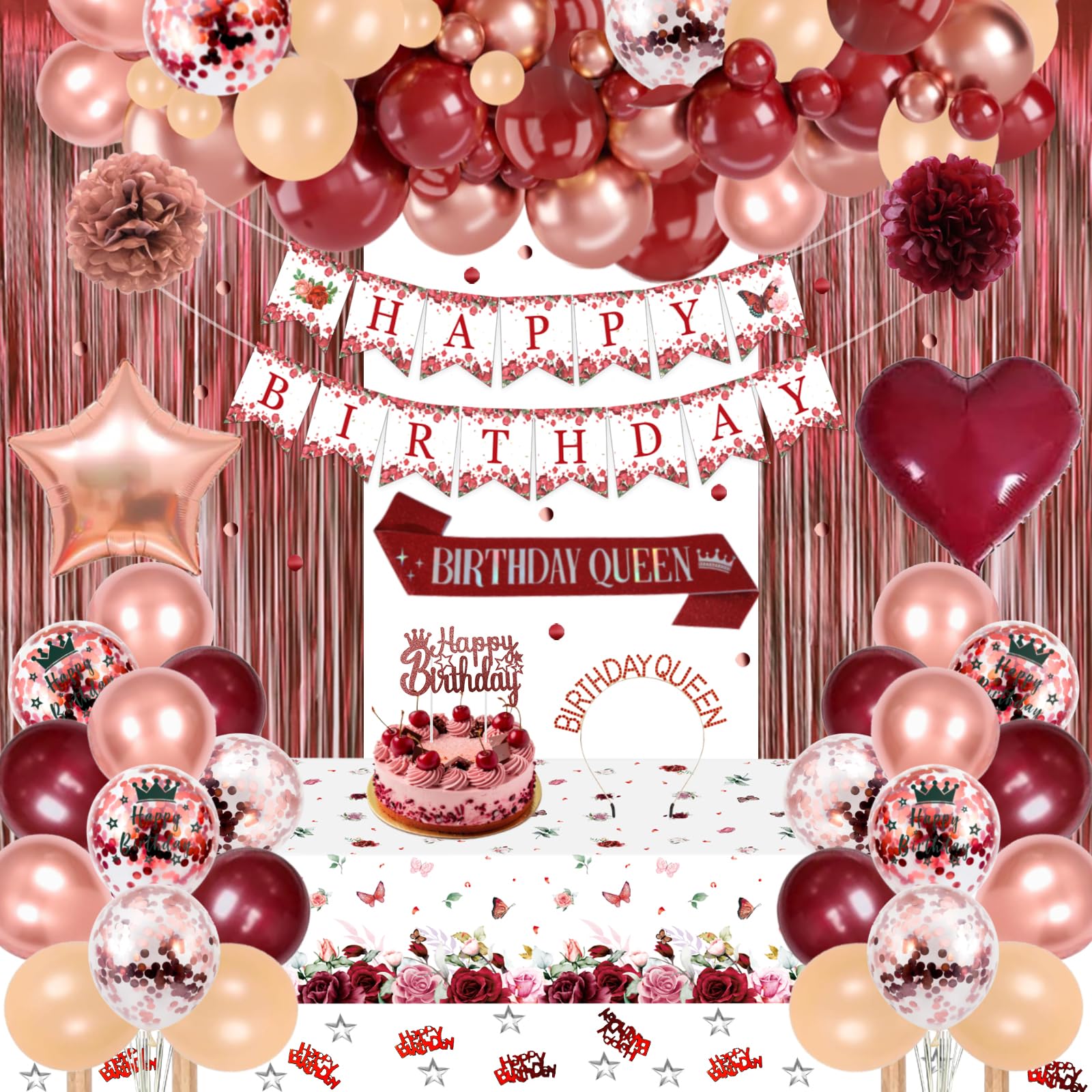 Burgundy Rose Gold Birthday Decorations Set, Happy Birthday Banner, Sash Tiara Crown, Latex Star Heart Foil Balloons, Fringe Curtain, Tablecloth, Pom Poms for Women Girls Princess Party Supplies