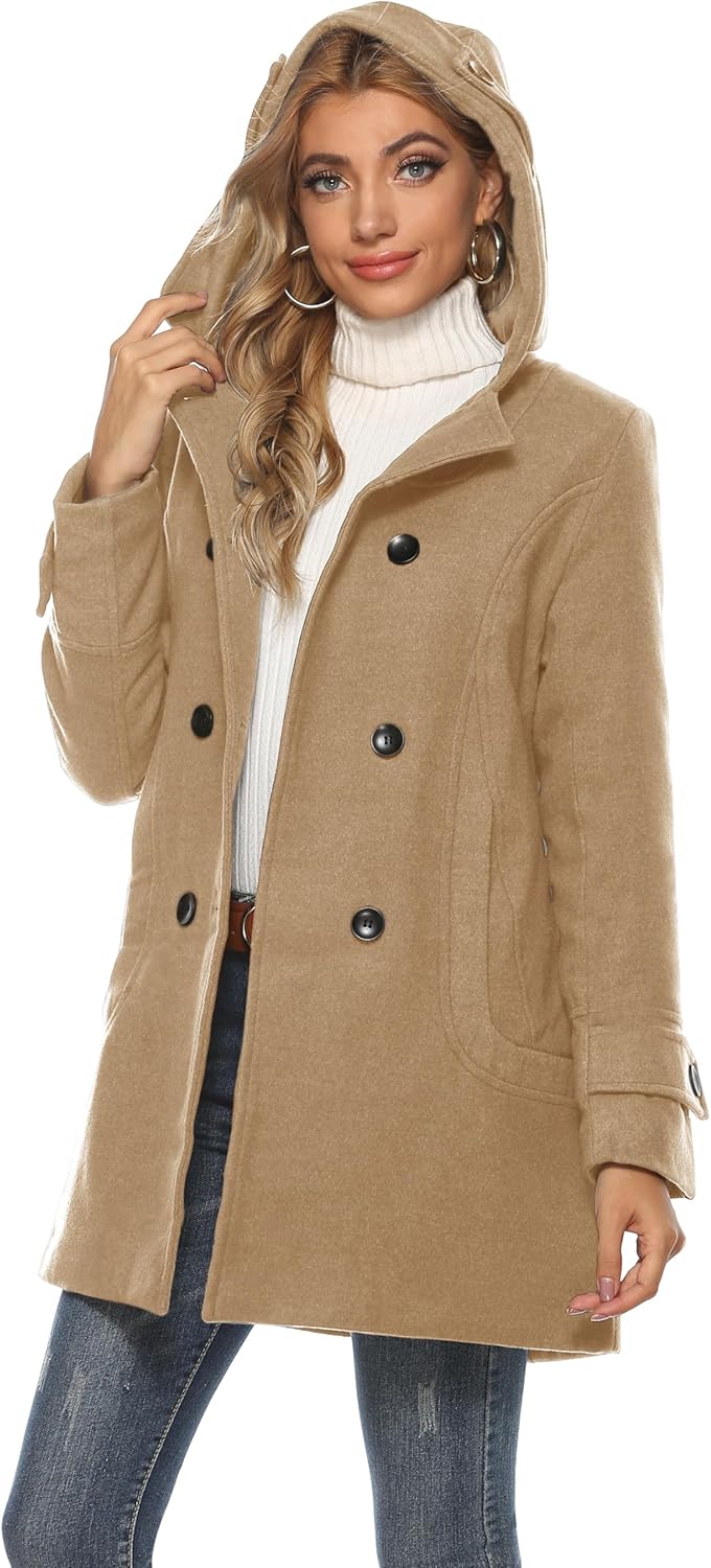 Tanming Women's Warm Double Breasted Wool Pea Coat Trench Coat Jacket with Hood