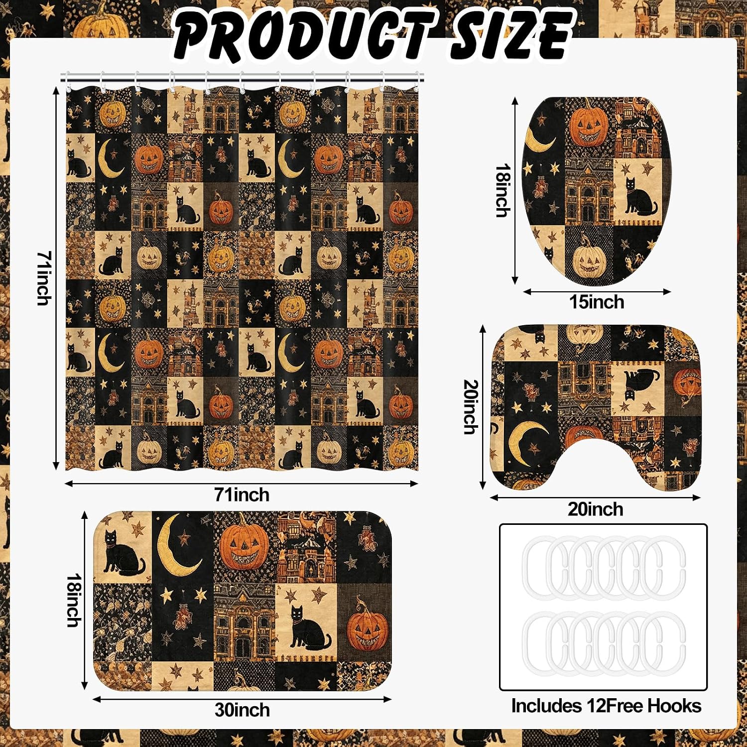 Boao 4 Pcs Halloween Patchwork Shower Curtain Set 71x71 Inch, Black Cat