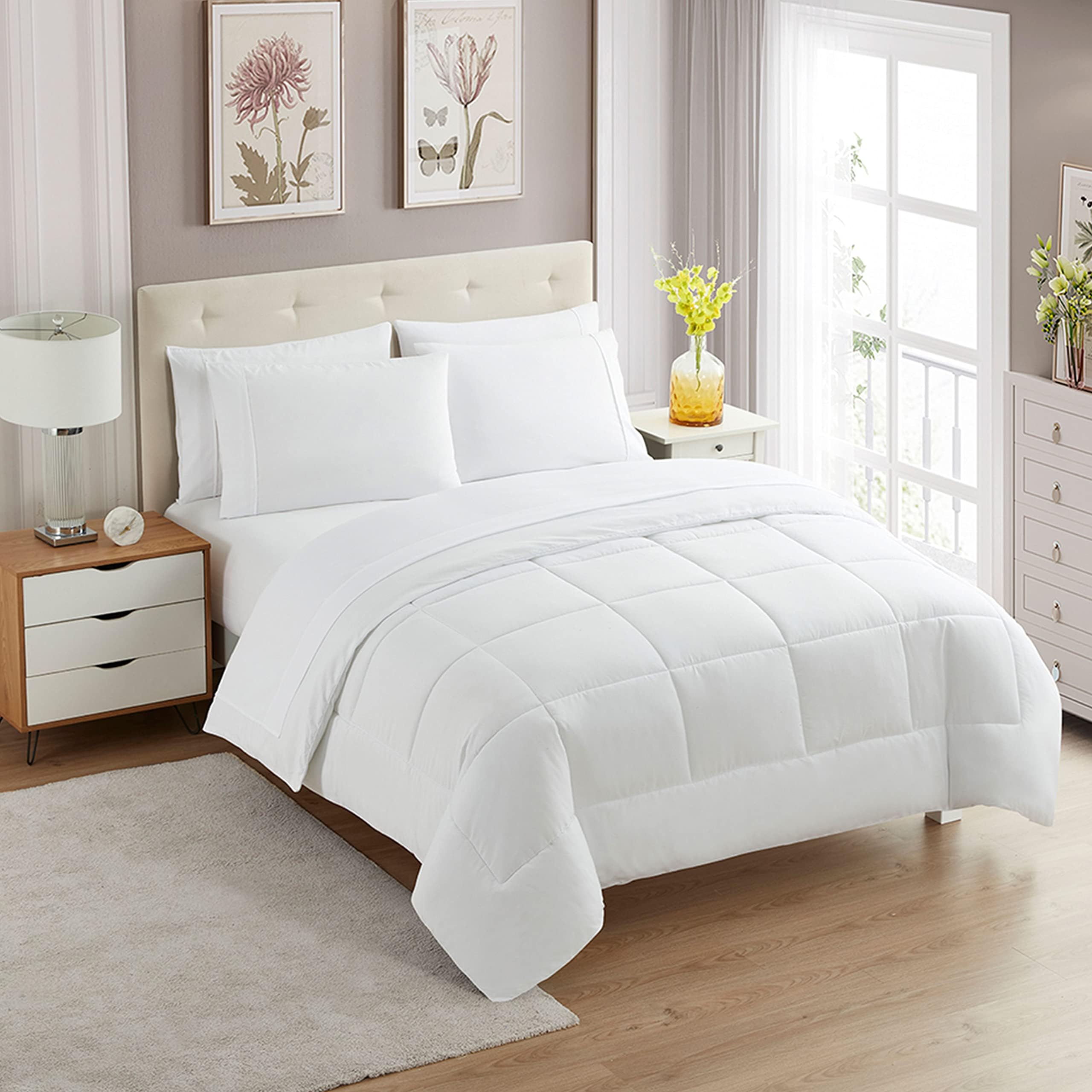 7 Piece Comforter Set Bag Solid Color All Season Soft Down Alternative Blanket & Luxurious Microfiber Bed Sheets, White, Queen