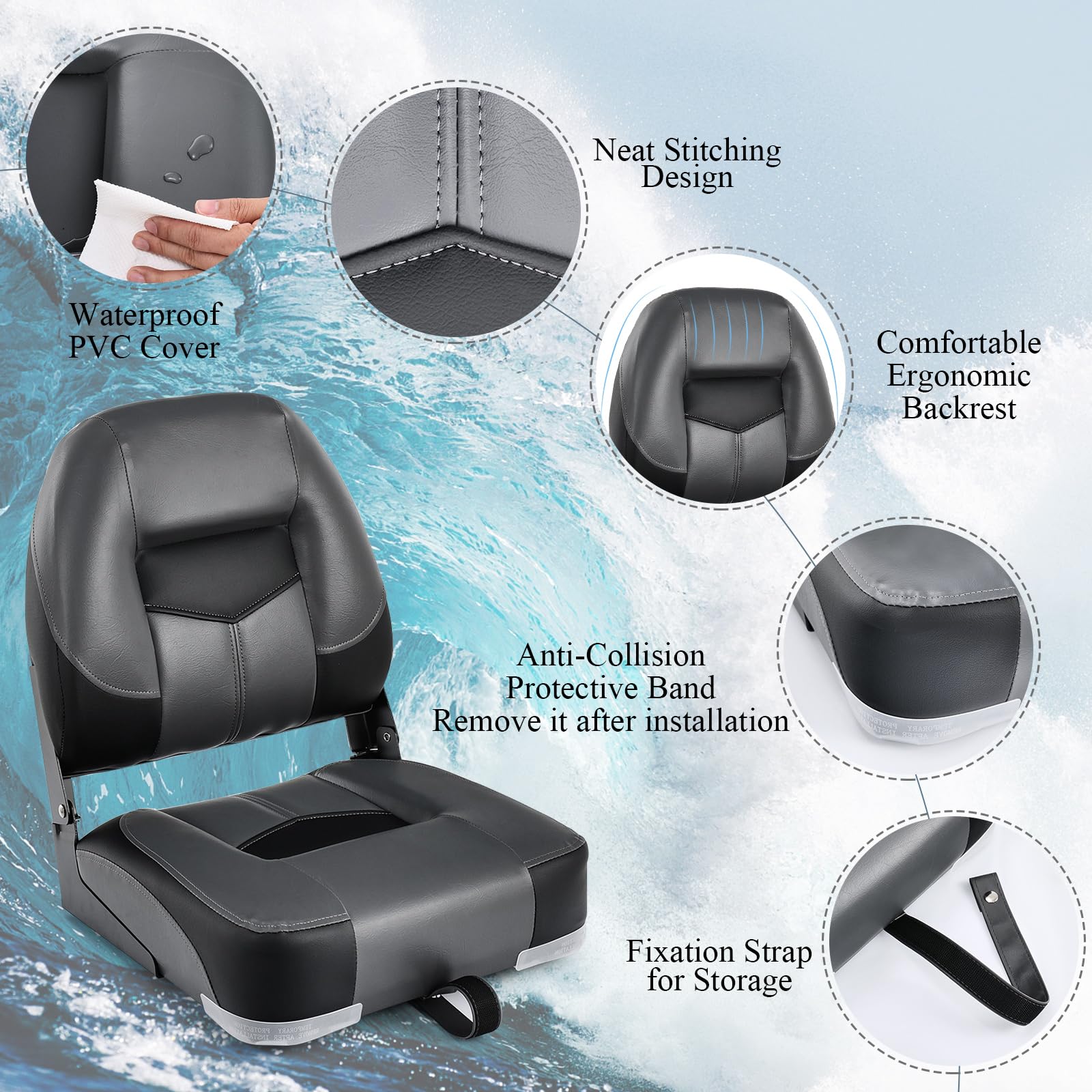 HOMASIS Lot de 2 Sièges de Bateaus Pliants Ergonomiques, Siège de Pêche Pliable avec Sangles et Vis de Fixation, Chaise de Bateau avec Cousssin pour Voilier Bateau de Pêche Yacht 42 x 50 x 52 (noir)