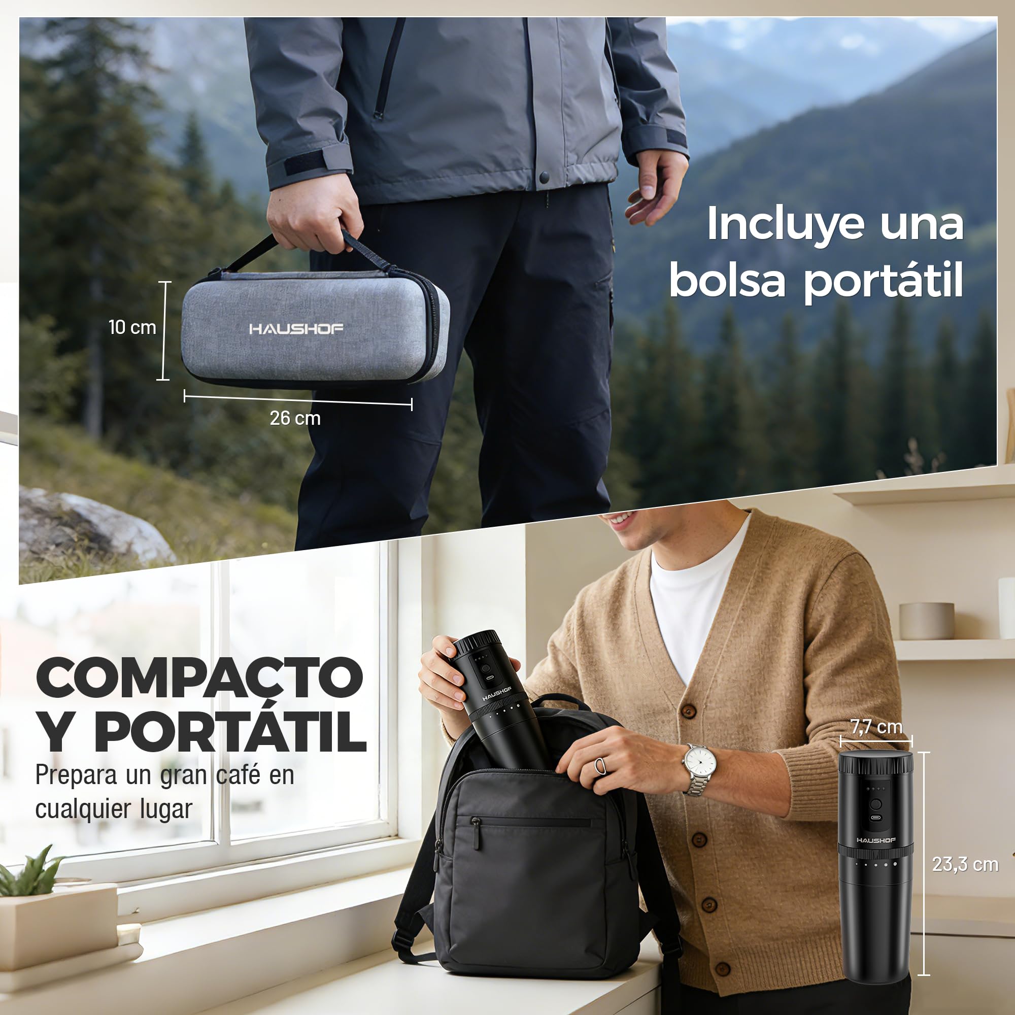 HAUSHOF Molinillo de Café Eléctrico Portátil Inalámbrico con Sistema de Infusión Manual, 5 Niveles de Molienda Ajustable, Taza Térmica de Viaje, Recargable USB-C para Camping, Senderismo y Oficina