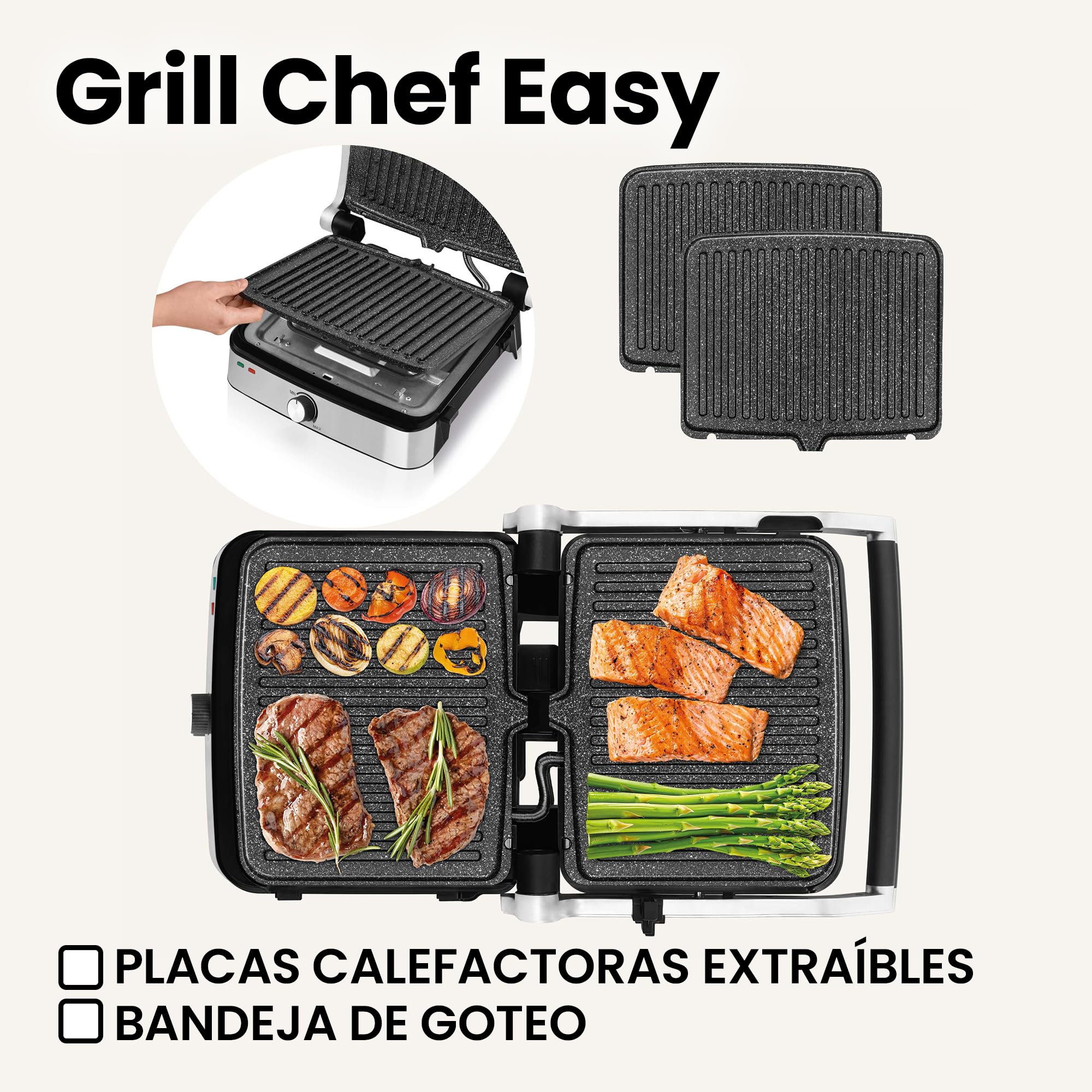 Zeegma Chef Easy Grill Eléctrico 2 en 1 2000W, Placas Antiadherentes de Cerámica, Regulación de Temperatura y Ángulo, Fácil Limpieza en Lavavajillas, Ideal para Carne, Verduras y Panini