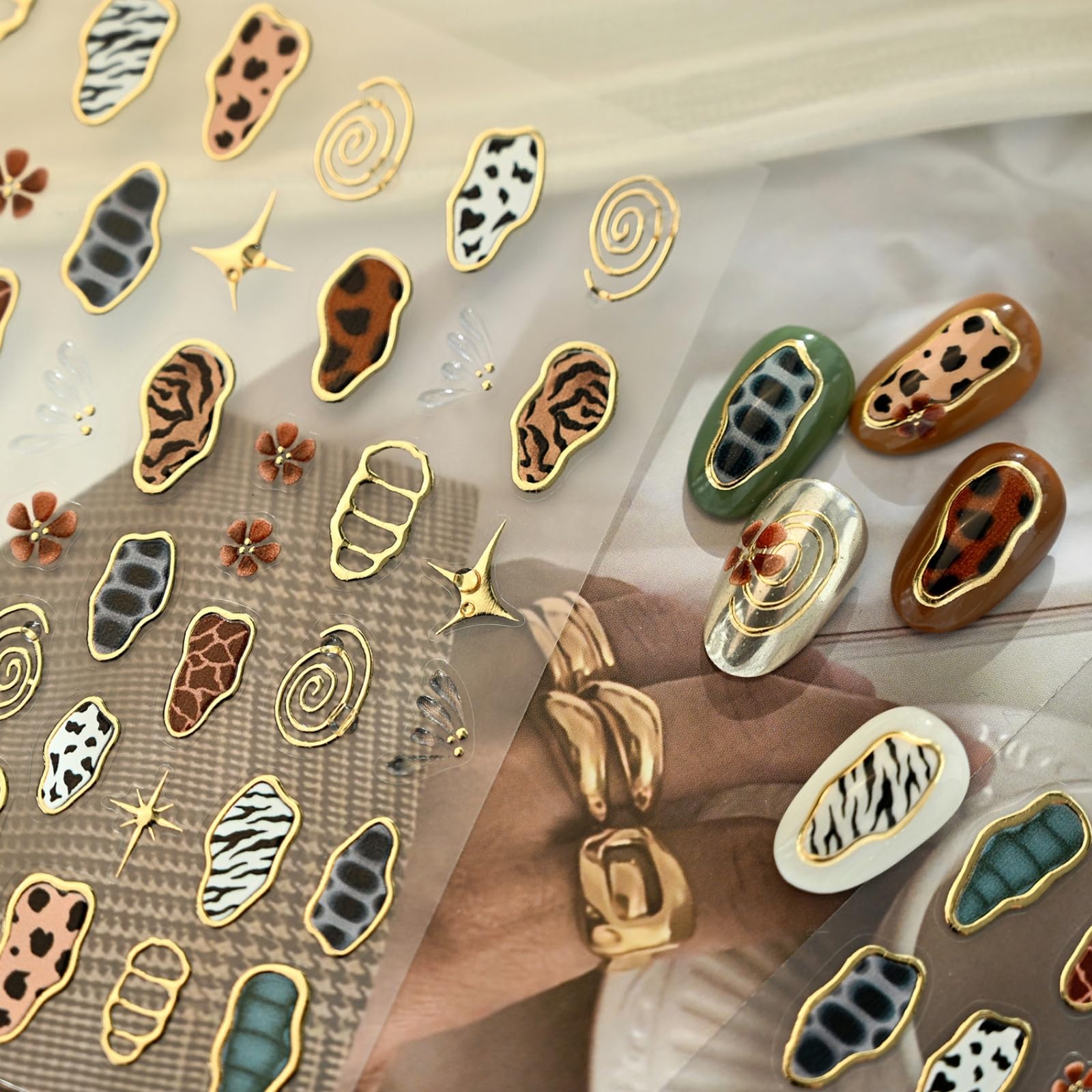 Leopard Print Nail Stickers Retro Nail Art Stickers with Gold Line Design Nail Decal 5D Embossed Self Adhesive Nails Charms Supply for Women Girl DIY Manicure Decoration Accessories