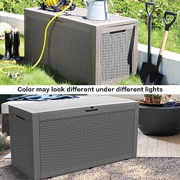 Modern-Depo 100 Gallon Deck Box Waterproof Outdoor Storage Bench | Polypropylene PP Garden Tools Pool Towel Storage Bin Porch Delivery Box, Gray