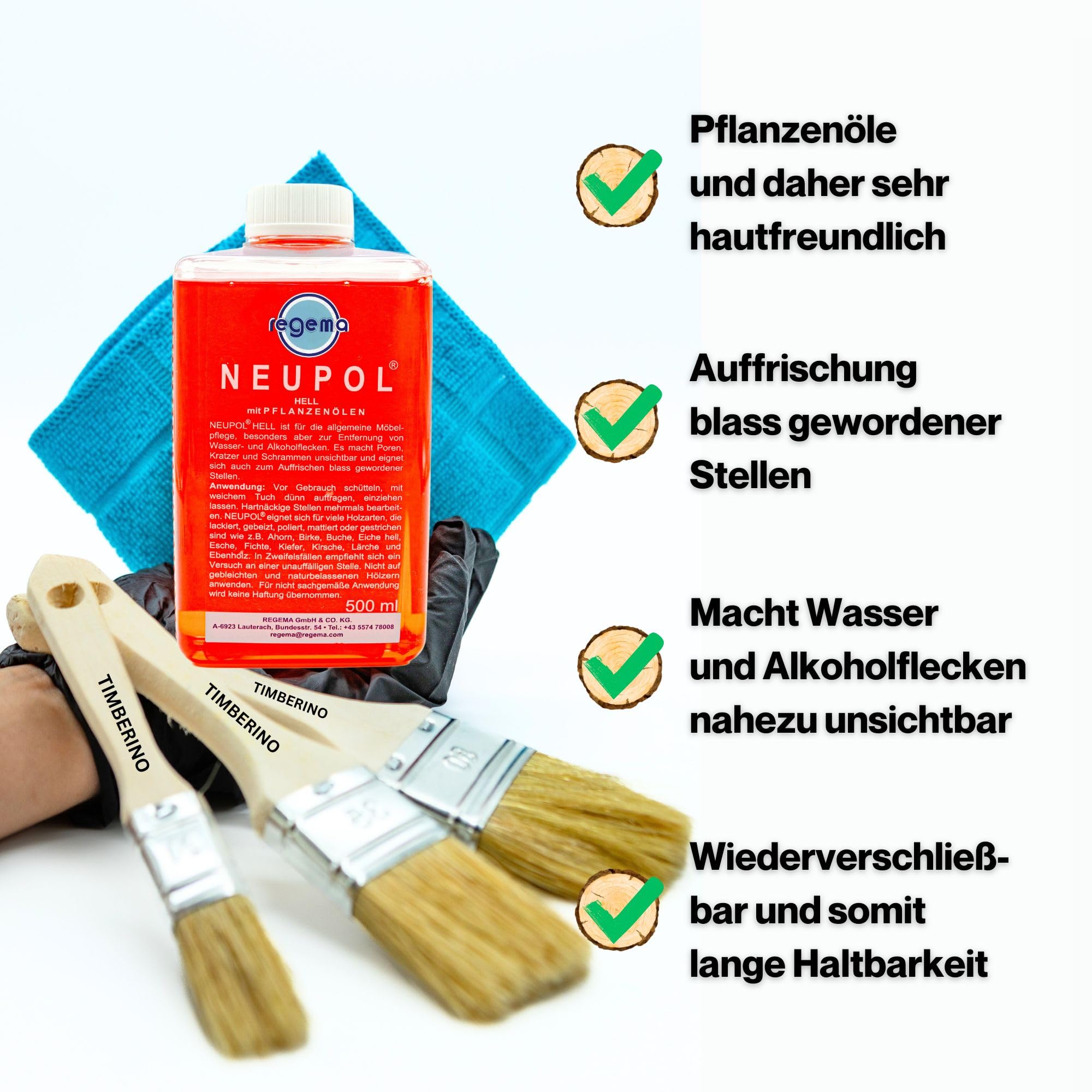 TIMBERINO Pflegeset Neupol Hell Holzöl [500ml] Pflegeöl für Holzmöbel innen Echtholz Furnier [Holzöl+Öltuch+Pinsel+Handschuh] Möbelpolitur Holz Möbelpflege Holz